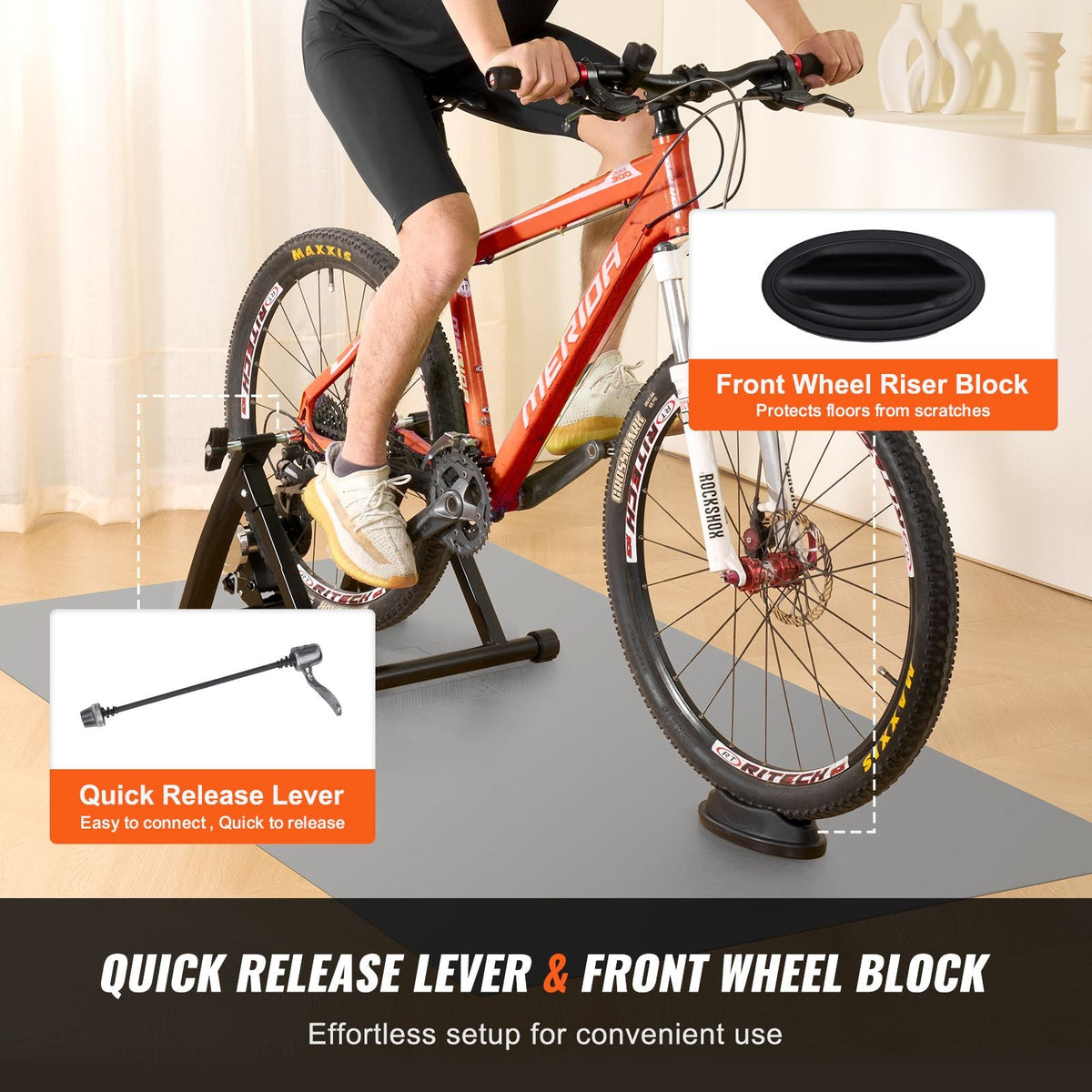 Bike Trainer Stand, Magnetic Stationary Bike Stand for 26"-29" Wheels, Noise Reduction Flywheel Motor, Protable Cycling for Indoor Riding Exercise, with Quick-Release Lever & Front Wheel Riser