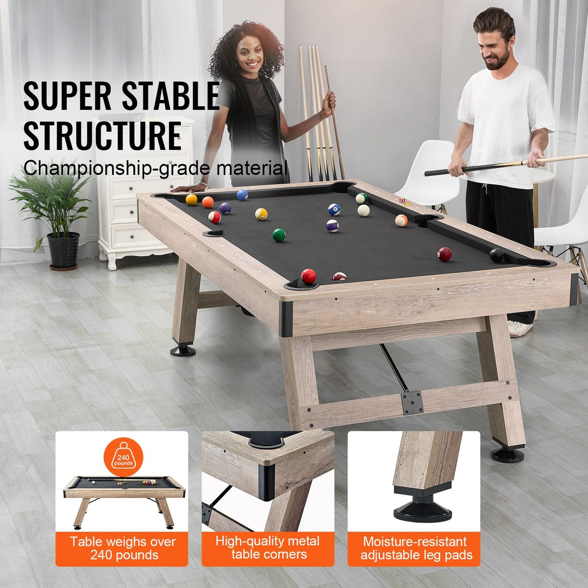 Billiards Table, 7 ft Pool Table, Adjust Legs Stable Billiards Table, Pool Table Set Includes Balls, Cues, Chalks and Brush, Wood Color with Black Cloth, Perfect for Family Game Room Kids Adults