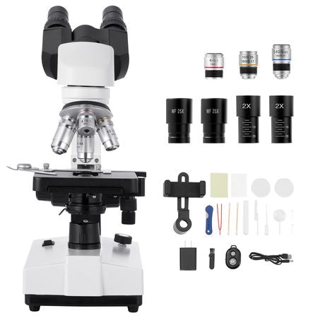 Binocular Microscope, 40-5000X Magnification, Professional Compound Microscope for Adult with Dual Stage and Two Sets of Eyepieces, Aluminum Alloy Body, Includes LED Light and Phone Holder