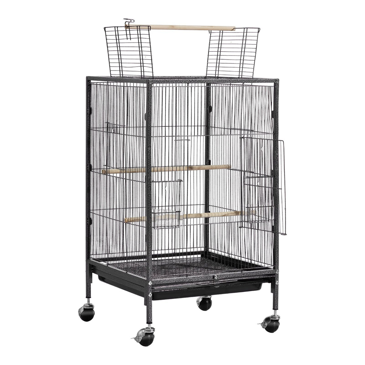 Bird Cage, 18 x 18 x 30 inch, Open Flat Top, Wrought Iron Bird Flight Cage with Perches, Slide-Out Tray and Plastic Feeders, Casters, for Parrot, Blue Tit, Cockatiel, Canary, Budgerigar, Conure