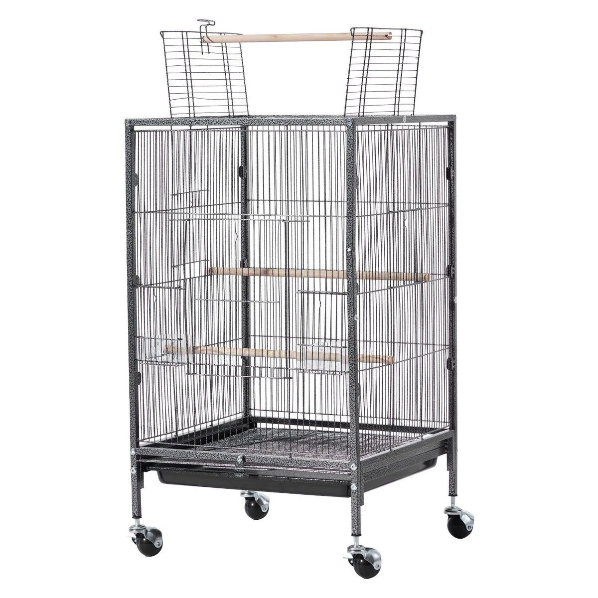 Bird Cage, 18 x 18 x 30 inch, Open Flat Top, Wrought Iron Bird Flight Cage with Perches, Slide-Out Tray and Plastic Feeders, Casters, for Parrot, Blue Tit, Cockatiel, Canary, Budgerigar, Conure