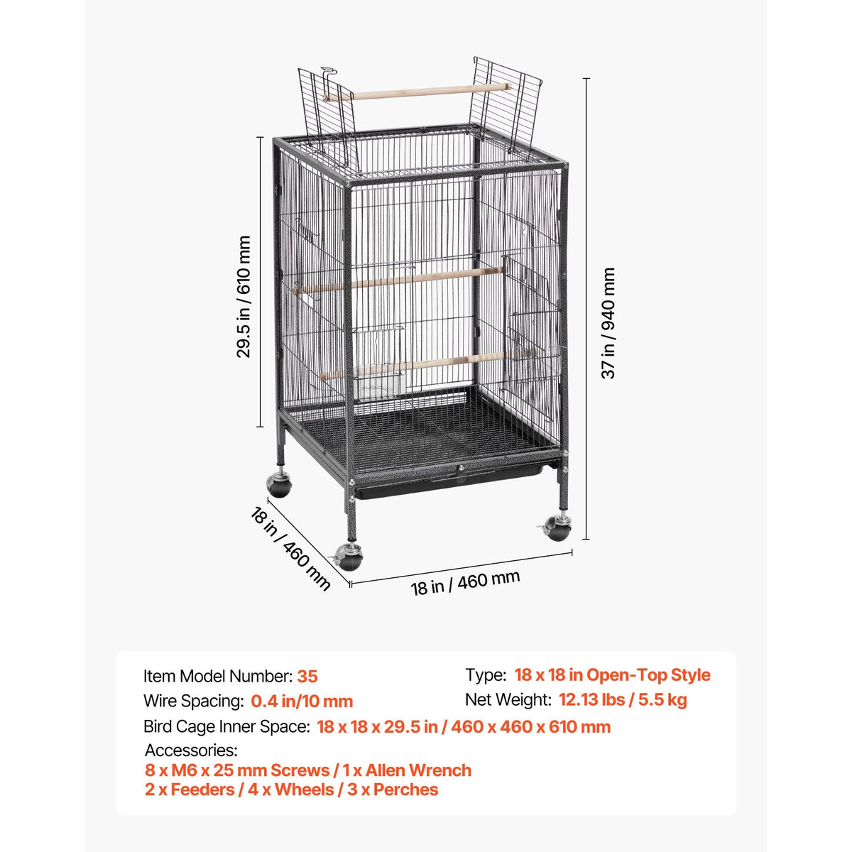 Bird Cage, 18 x 18 x 30 inch, Open Flat Top, Wrought Iron Bird Flight Cage with Perches, Slide-Out Tray and Plastic Feeders, Casters, for Parrot, Blue Tit, Cockatiel, Canary, Budgerigar, Conure