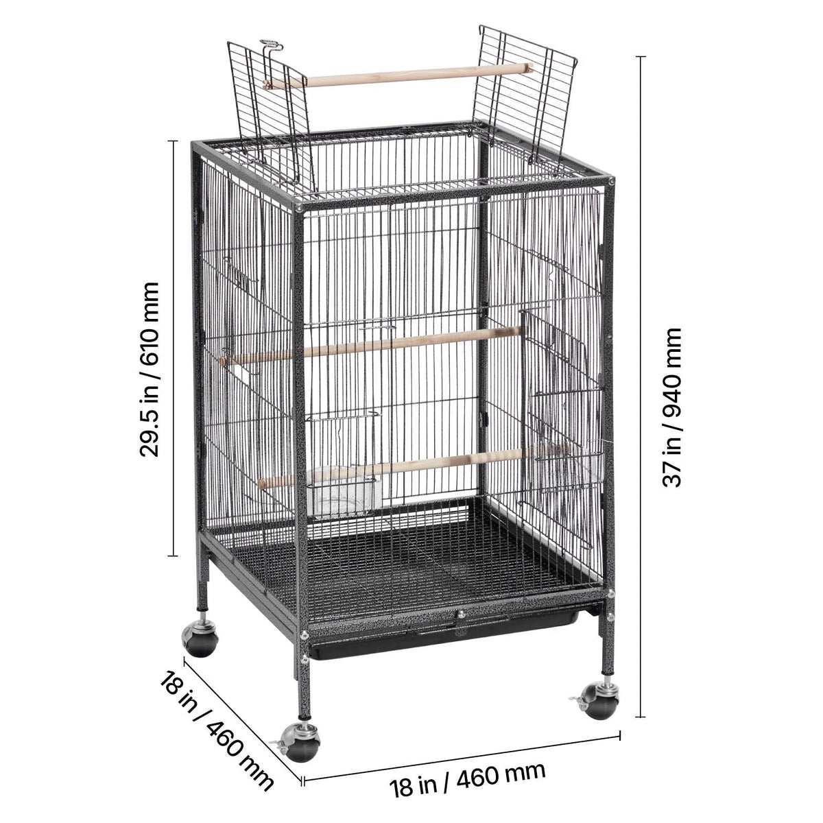 Bird Cage, 18 x 18 x 30 inch, Open Flat Top, Wrought Iron Bird Flight Cage with Perches, Slide-Out Tray and Plastic Feeders, Casters, for Parrot, Blue Tit, Cockatiel, Canary, Budgerigar, Conure