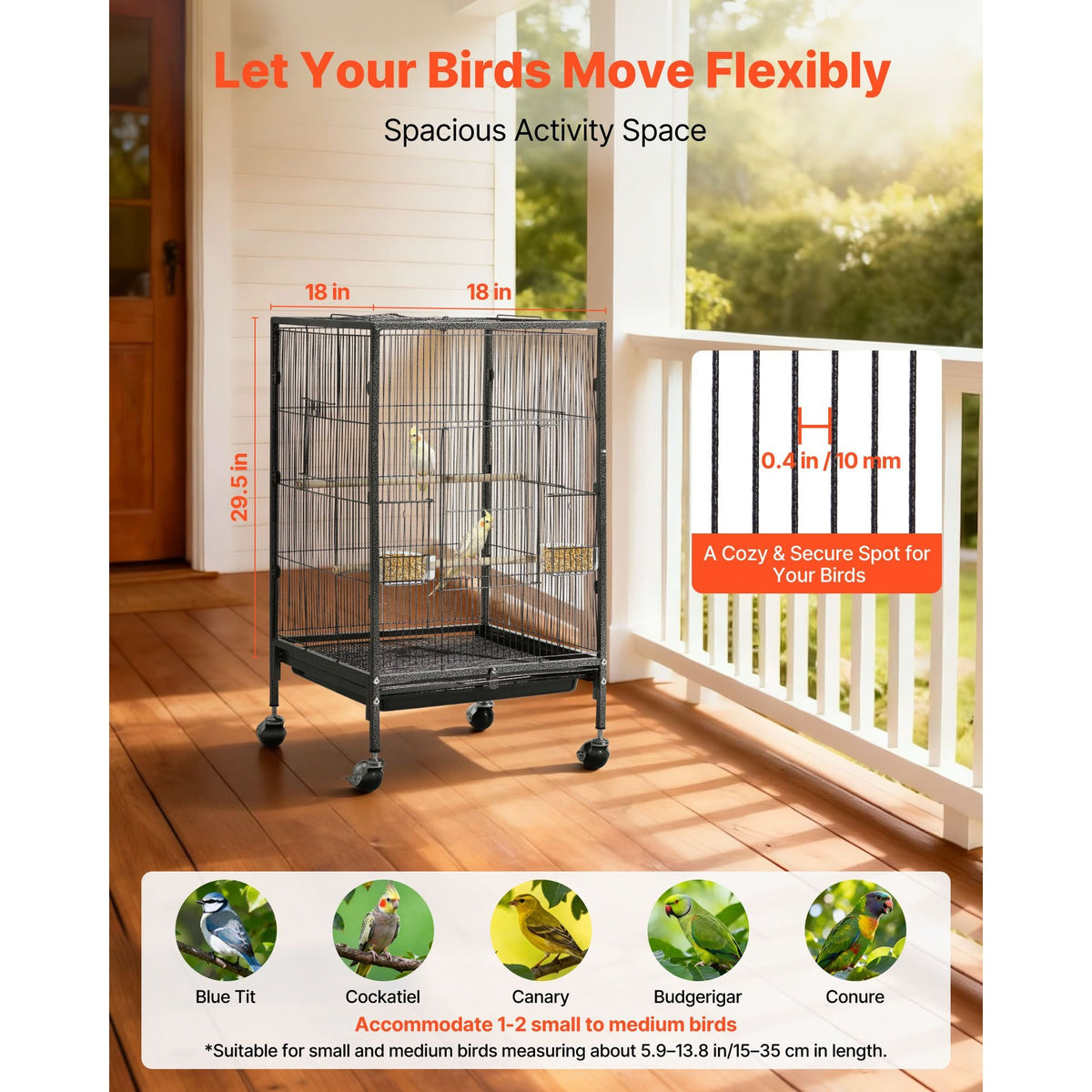 Bird Cage, 18 x 18 x 30 inch, Open Flat Top, Wrought Iron Bird Flight Cage with Perches, Slide-Out Tray and Plastic Feeders, Casters, for Parrot, Blue Tit, Cockatiel, Canary, Budgerigar, Conure