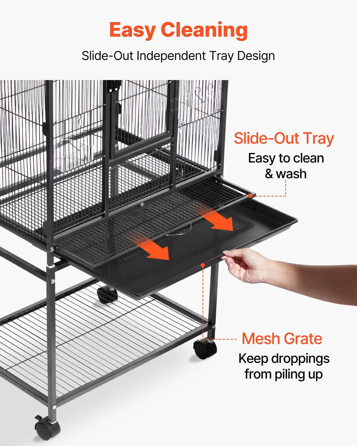Bird Cage, 24.6 x 16.7 x 53.9 inch, Flat Top, Wrought Iron Bird Flight Cage with Perches, Slide-Out Tray and Plastic Feeders, Casters, for Parrot, Blue Tit, Cockatiel, Canary, Budgerigar, Conure