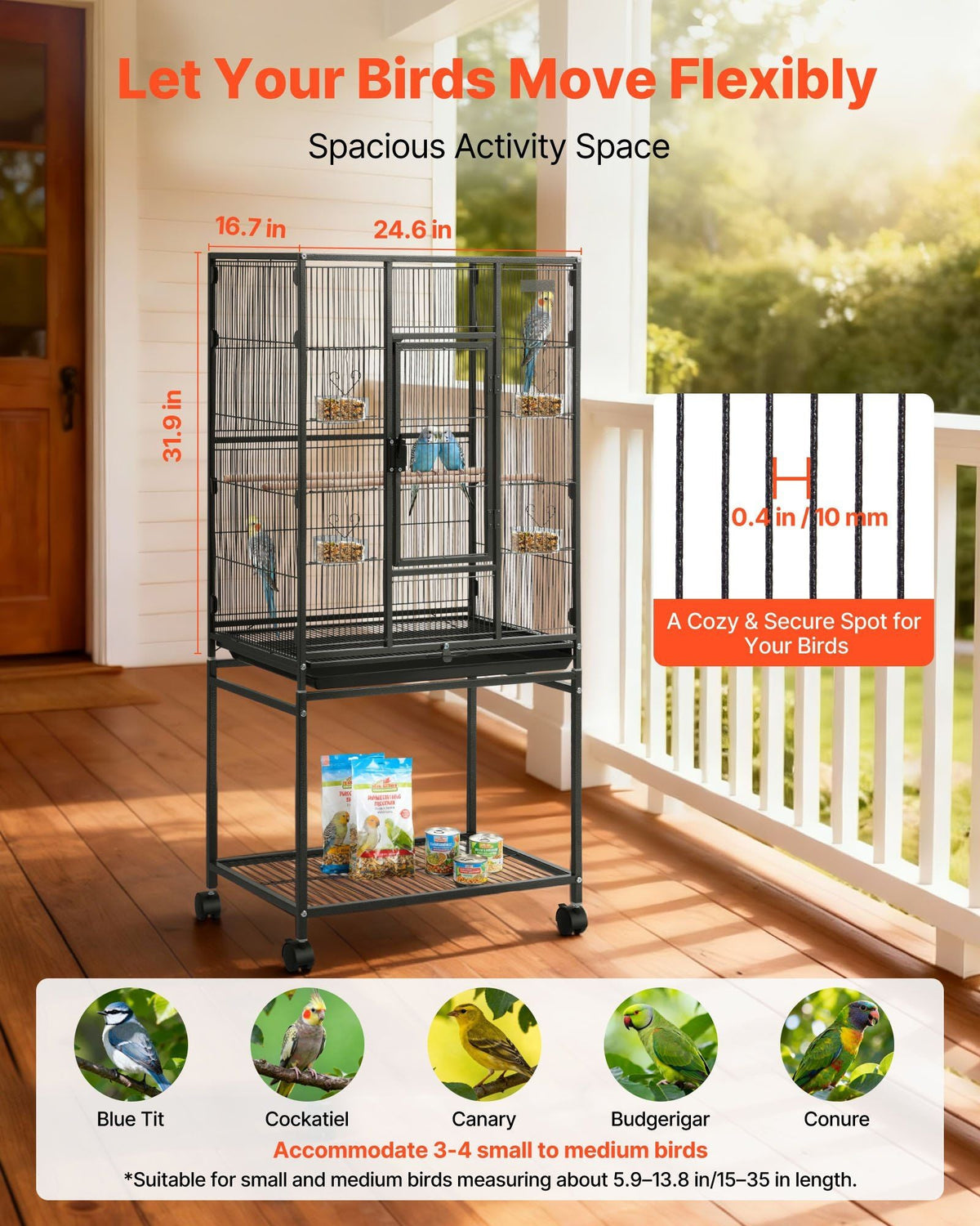 Bird Cage, 24.6 x 16.7 x 53.9 inch, Flat Top, Wrought Iron Bird Flight Cage with Perches, Slide-Out Tray and Plastic Feeders, Casters, for Parrot, Blue Tit, Cockatiel, Canary, Budgerigar, Conure