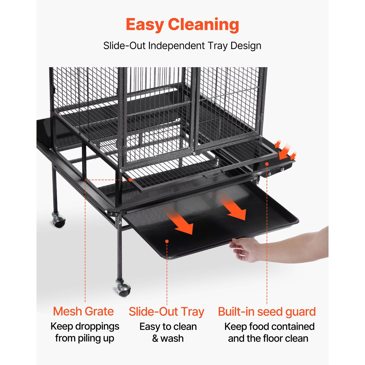 Bird Cage, 32.7 x 31.1 x 82.7 inch, Open Flat Top, Wrought Iron Bird Flight Cage with Perches, Slide-Out Tray, Plastic Feeders, for Cockatiel, Monk Parakeet, Amazon Parrot, African Grey Parrot