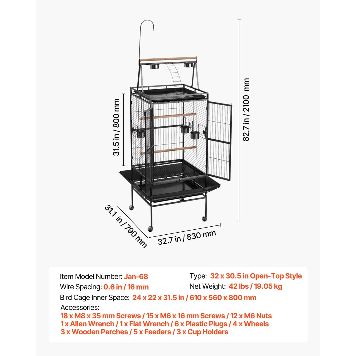 Bird Cage, 32.7 x 31.1 x 82.7 inch, Open Flat Top, Wrought Iron Bird Flight Cage with Perches, Slide-Out Tray, Plastic Feeders, for Cockatiel, Monk Parakeet, Amazon Parrot, African Grey Parrot