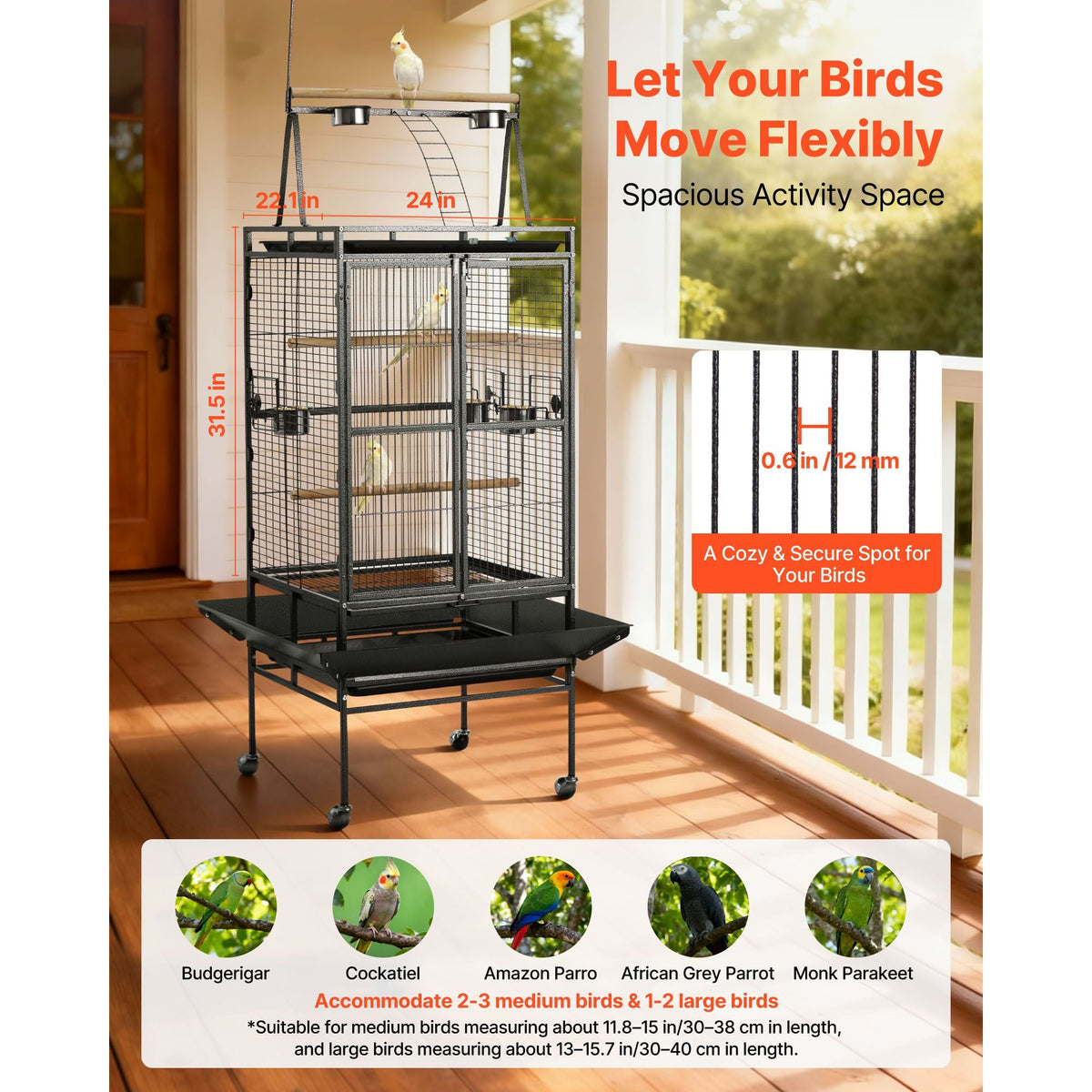 Bird Cage, 32.7 x 31.1 x 82.7 inch, Open Flat Top, Wrought Iron Bird Flight Cage with Perches, Slide-Out Tray, Plastic Feeders, for Cockatiel, Monk Parakeet, Amazon Parrot, African Grey Parrot