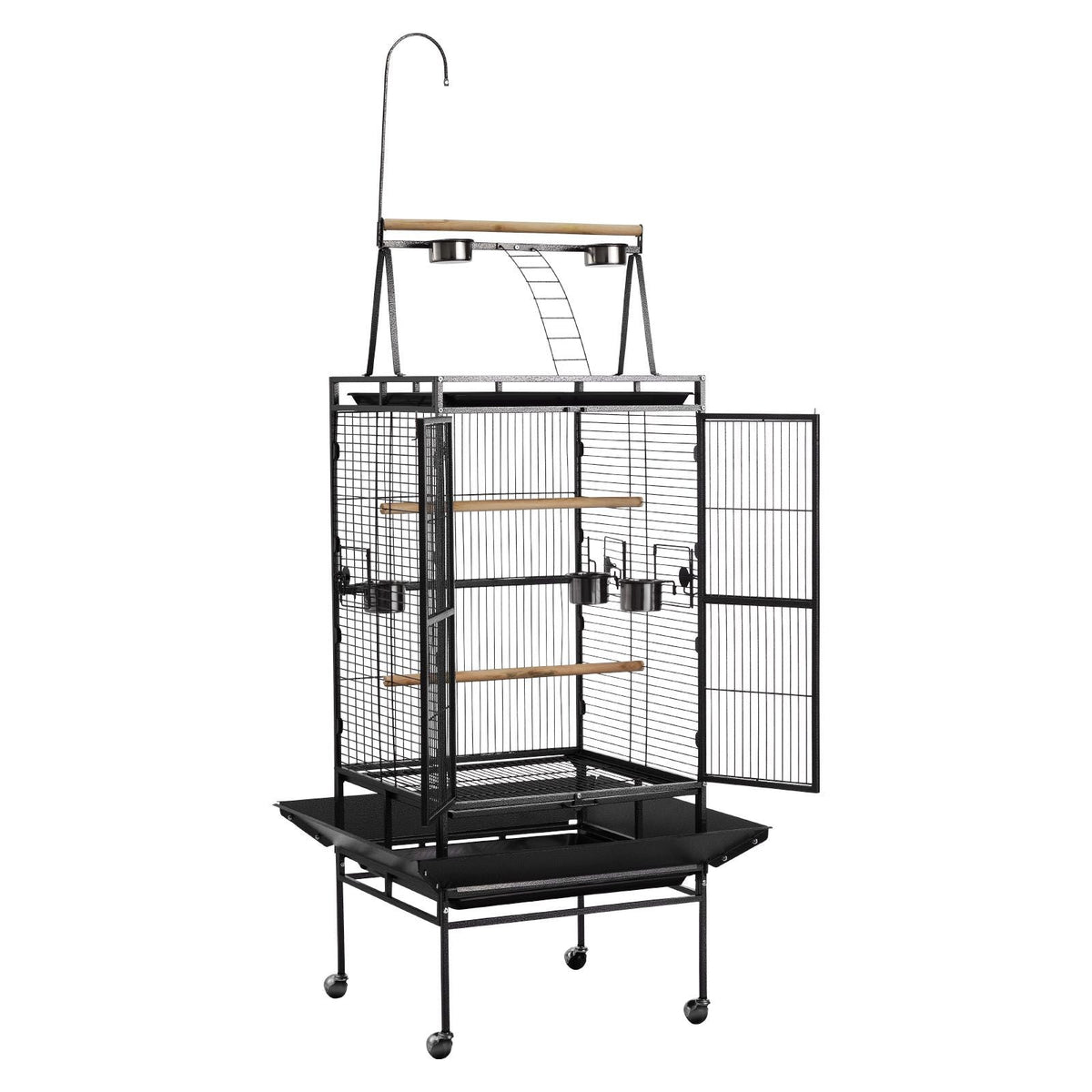 Bird Cage, 32.7 x 31.1 x 82.7 inch, Open Flat Top, Wrought Iron Bird Flight Cage with Perches, Slide-Out Tray, Plastic Feeders, for Cockatiel, Monk Parakeet, Amazon Parrot, African Grey Parrot