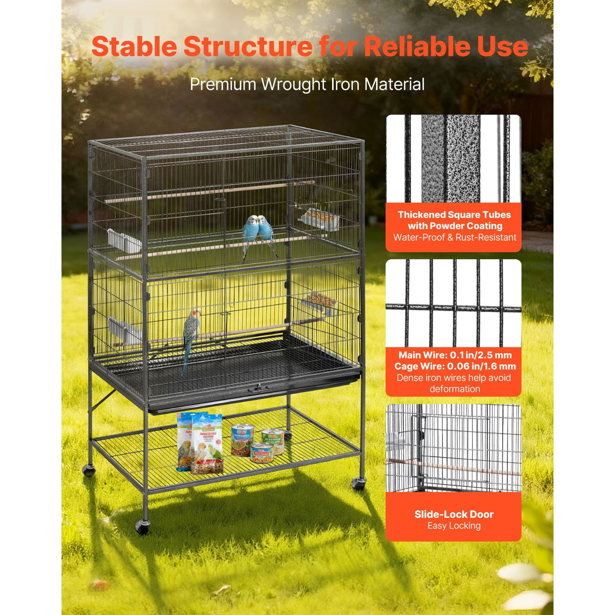 Bird Cage, 36.6 x 22.8 x 59.5 inch, Flat Top, Wrought Iron Bird Flight Cage with Perches, Slide-Out Tray and Plastic Feeders, for Blue Tit, Cockatiel, Canary, Monk Parakeet, African Grey Parrot