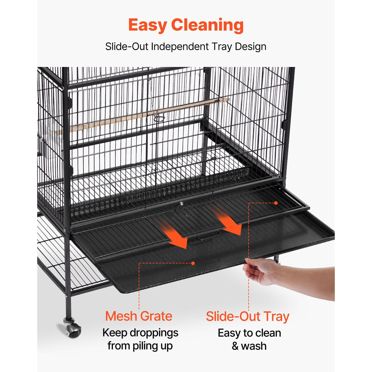 Bird Cage, 36.6 x 22.8 x 59.5 inch, Flat Top, Wrought Iron Bird Flight Cage with Perches, Slide-Out Tray and Plastic Feeders, for Blue Tit, Cockatiel, Canary, Monk Parakeet, African Grey Parrot