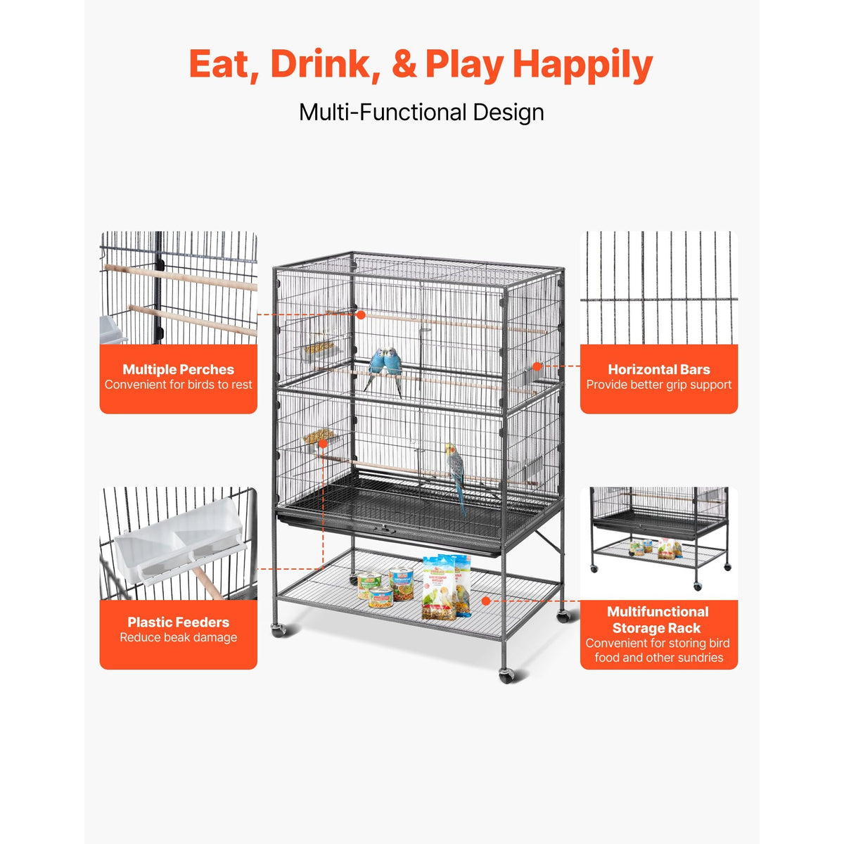 Bird Cage, 36.6 x 22.8 x 59.5 inch, Flat Top, Wrought Iron Bird Flight Cage with Perches, Slide-Out Tray and Plastic Feeders, for Blue Tit, Cockatiel, Canary, Monk Parakeet, African Grey Parrot