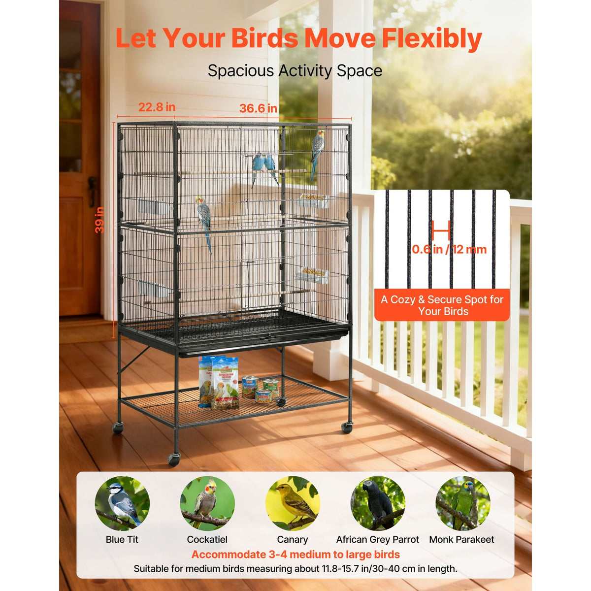 Bird Cage, 36.6 x 22.8 x 59.5 inch, Flat Top, Wrought Iron Bird Flight Cage with Perches, Slide-Out Tray and Plastic Feeders, for Blue Tit, Cockatiel, Canary, Monk Parakeet, African Grey Parrot