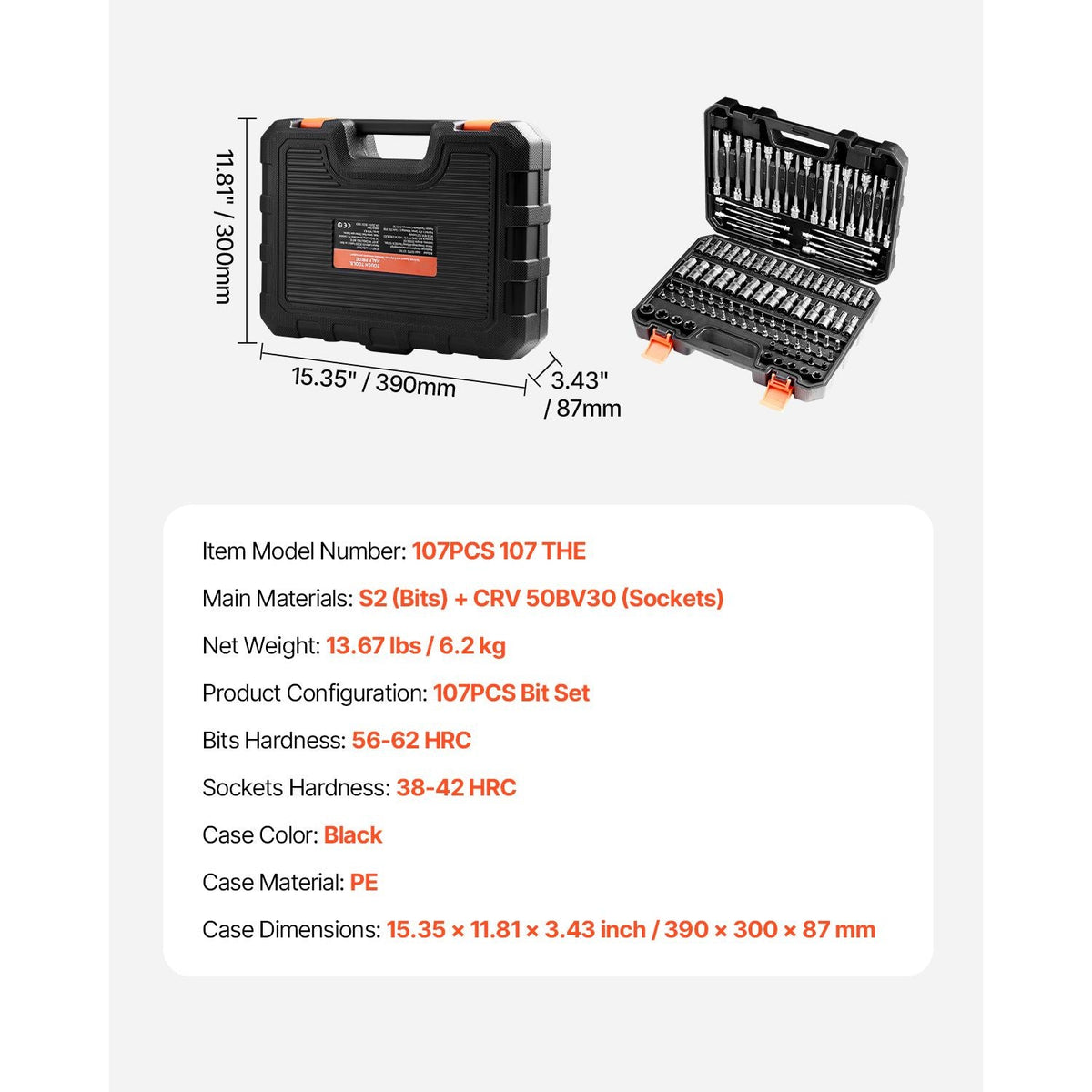 Bit Socket Set, 107-Piece SAE and Metric, Hex/Torx/External Torx/Tamper-Proof/Extra Long, S2 Alloy Steel and Cr-V Steel, 1/4 in, 3/8 in, and 1/2 in Drives, with Enhanced Storage Case, Hand Use