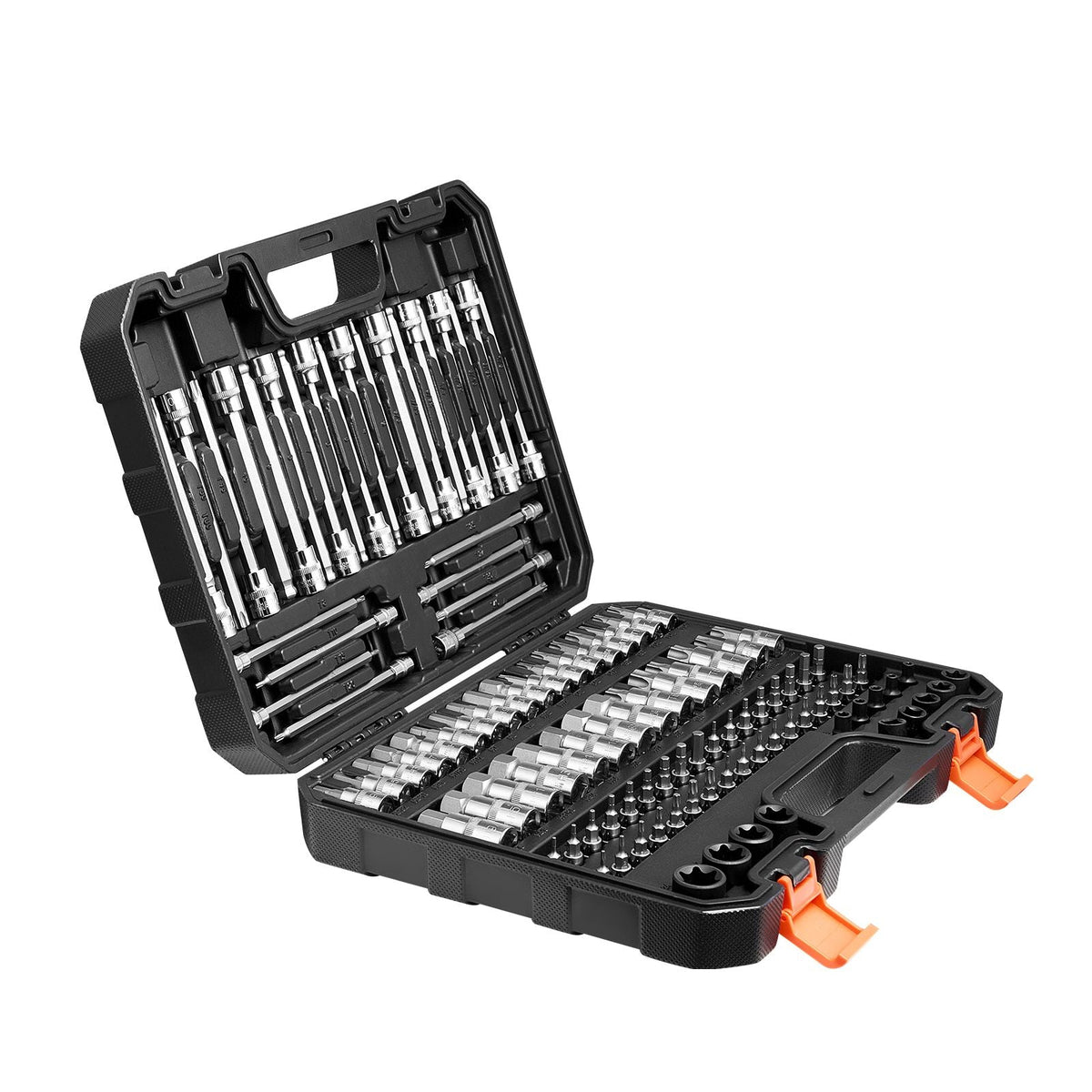 Bit Socket Set, 107-Piece SAE and Metric, Hex/Torx/External Torx/Tamper-Proof/Extra Long, S2 Alloy Steel and Cr-V Steel, 1/4 in, 3/8 in, and 1/2 in Drives, with Enhanced Storage Case, Hand Use