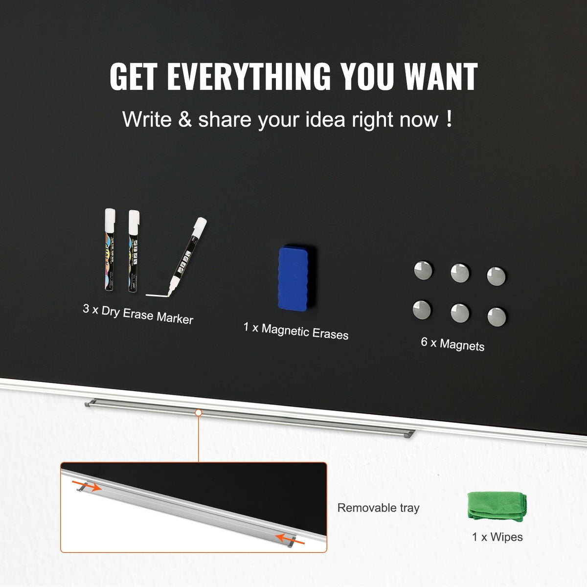 Black Board, 70 x 40 inch Large Chalkboard with Aluminum Frame, Black Boards Dry Erase Includes 1 Magnetic Erase & 3 Dry Erase Markers, Black Surface, for Office Home and School