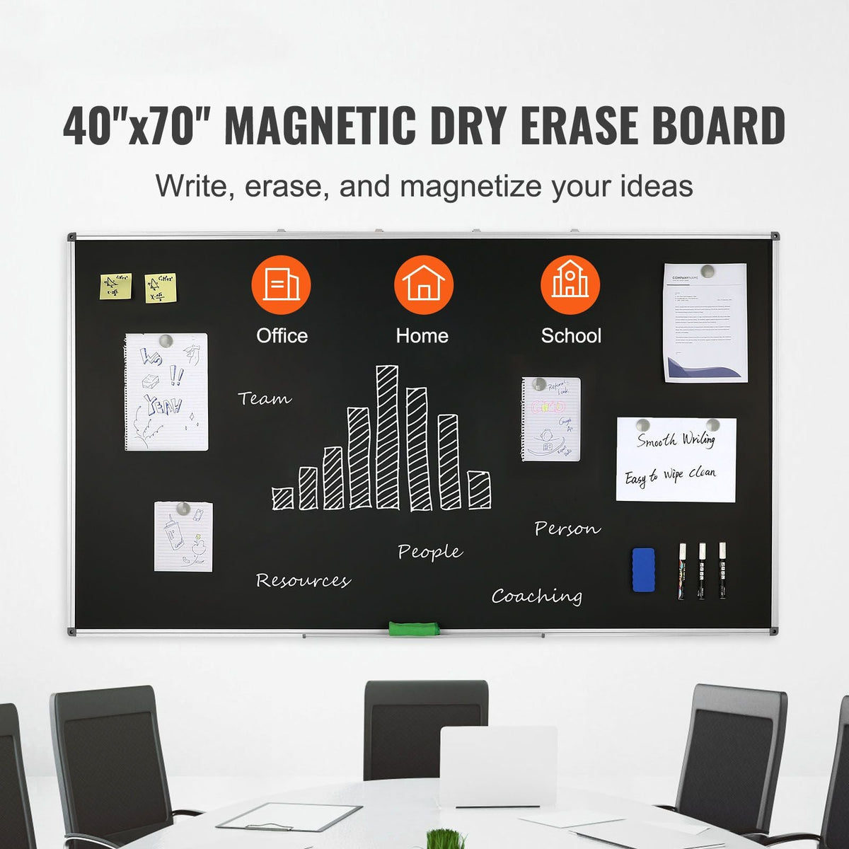Black Board, 70 x 40 inch Large Chalkboard with Aluminum Frame, Black Boards Dry Erase Includes 1 Magnetic Erase & 3 Dry Erase Markers, Black Surface, for Office Home and School