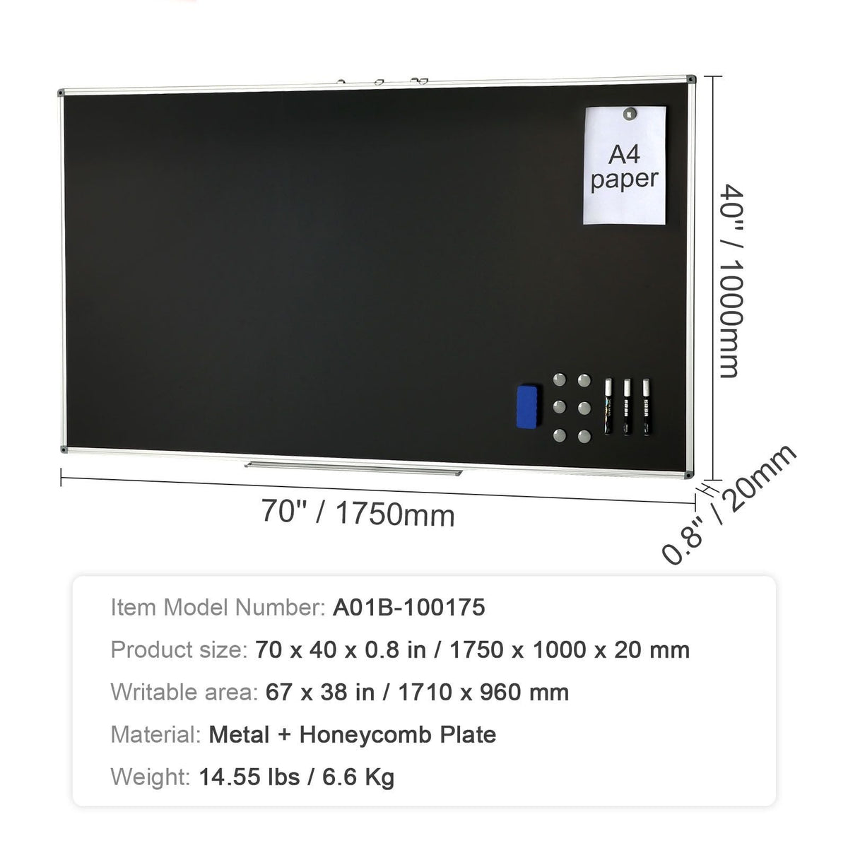Black Board, 70 x 40 inch Large Chalkboard with Aluminum Frame, Black Boards Dry Erase Includes 1 Magnetic Erase & 3 Dry Erase Markers, Black Surface, for Office Home and School