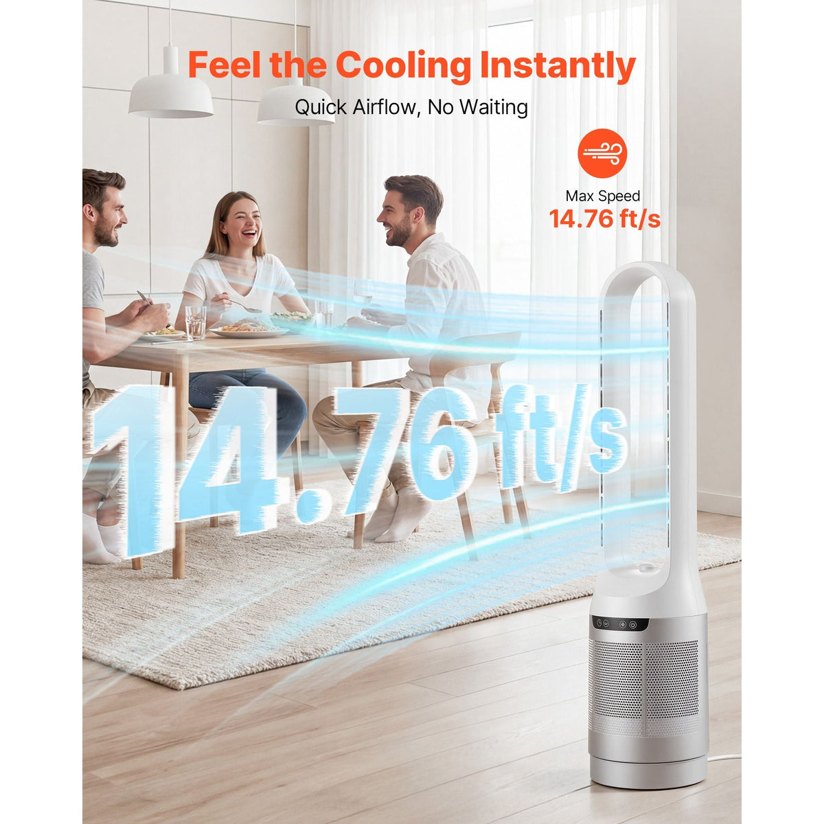 Bladeless Tower Fan, 65° Oscillating Standing Fan, 12 Speeds & 4 Modes & 8H Timer, 14.76 ft/s High Velocity Floor Air Circulator, Powerful Airflow for Bedroom, Living Room, Home, Office, White