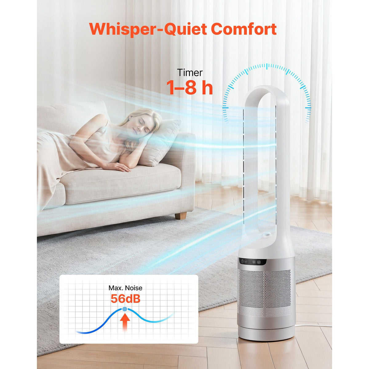 Bladeless Tower Fan, 65° Oscillating Standing Fan, 12 Speeds & 4 Modes & 8H Timer, 14.76 ft/s High Velocity Floor Air Circulator, Powerful Airflow for Bedroom, Living Room, Home, Office, White