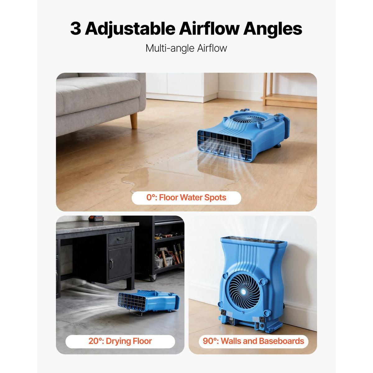 Blower Fan, Low Profile Air Mover Carpet Dryer, 1000 CFM, 2 Speeds, Multi-Angle Airflow, Lightweight Portable for Crawlspaces, Attics, Basements, Bathrooms, Water Damage Restoration, Blue
