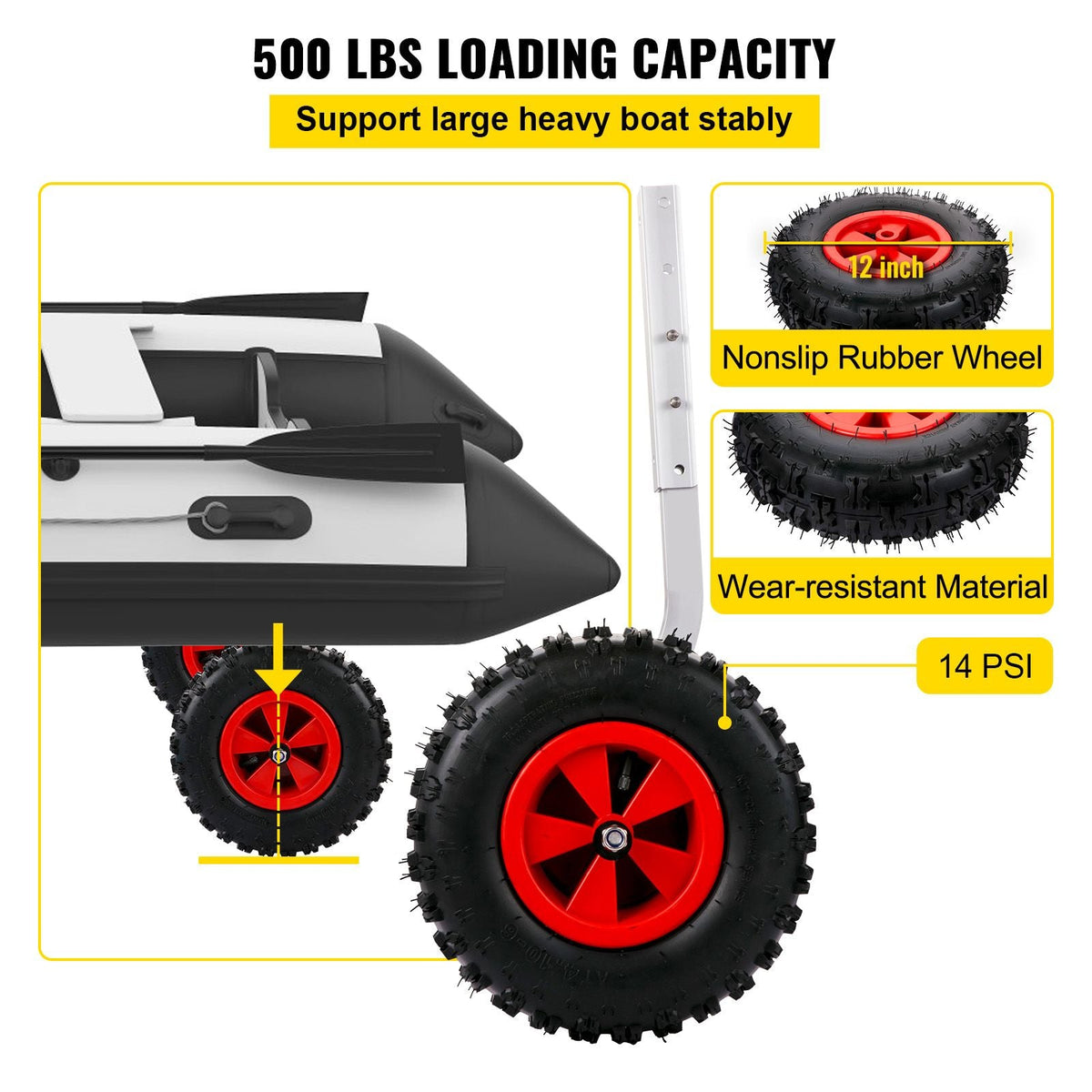Boat Launching Wheels, 12\" Boat Transom Launching Wheel, 500 LBS Loading Capacity Inflatable Boat Launch Wheels, Aluminium Alloy Transom Launching Dolly Wheels with 4 PCS of Quick Release Pins