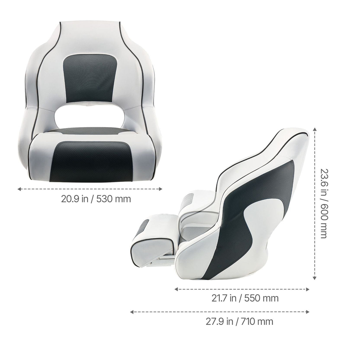 Boat Seat, High Backrest, Flip Up Boat Seat Captain Bucket Seat with Thickened Sponge Cushion & Waterproof PVC Leather, Ergonomic Design, Folding Boat Seat for Boats, Yachts, Ships, White & Grey