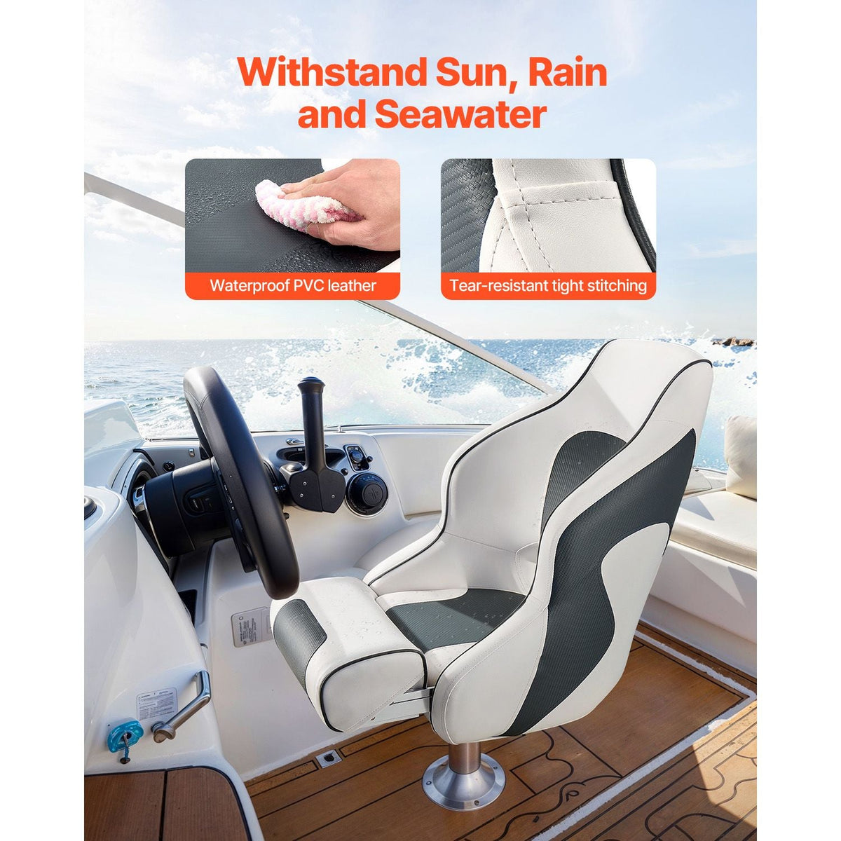 Boat Seat, High Backrest, Flip Up Boat Seat Captain Bucket Seat with Thickened Sponge Cushion & Waterproof PVC Leather, Ergonomic Design, Folding Boat Seat for Boats, Yachts, Ships, White & Grey