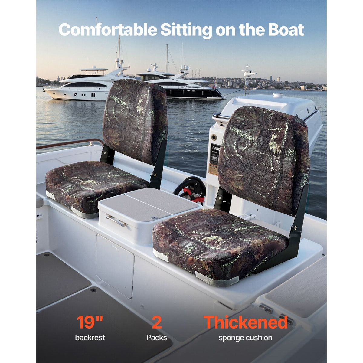 Boat Seat, Low Backrest, Folding Fishing Boat Seat with Thickened Sponge Cushion & PU Polyester Fabric, Strong PP Frame, Flip Up Boat Seat for Boats, Yachts, Ships, Camouflage Color (2 Seats)