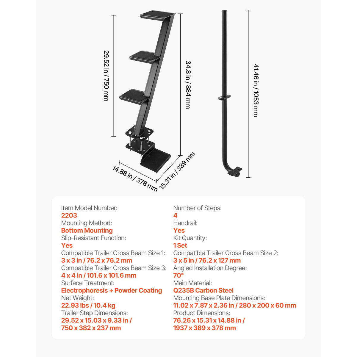 Boat Trailer Steps, 4-Step, Heavy-Duty Boat Trailer Steps with Handle, Non-Slip Surface, 3 Mounting Angle Options, Carbon Steel Ladder Suitable for 3" x 3"/3" x 5"/4" x 4" Frame, Bottom Mounting