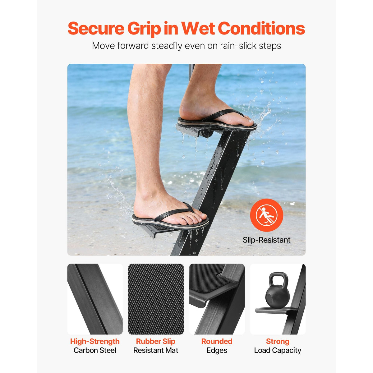 Boat Trailer Steps, 4-Step, Heavy-Duty Boat Trailer Steps with Handle, Non-Slip Surface, 3 Mounting Angle Options, Carbon Steel Ladder Suitable for 3" x 3"/3" x 5"/4" x 4" Frame, Bottom Mounting
