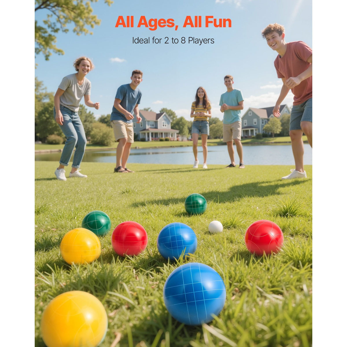 Bocce Ball Set, 100 mm, with 8 Resin Balls, Pallino, Carrying Bag and Measuring Rope, Red/Green/Blue/Yellow 4 Colors, for 2 to 8 Players, Bocce Ball Game Set for Beach, Lawn, Family Backyard