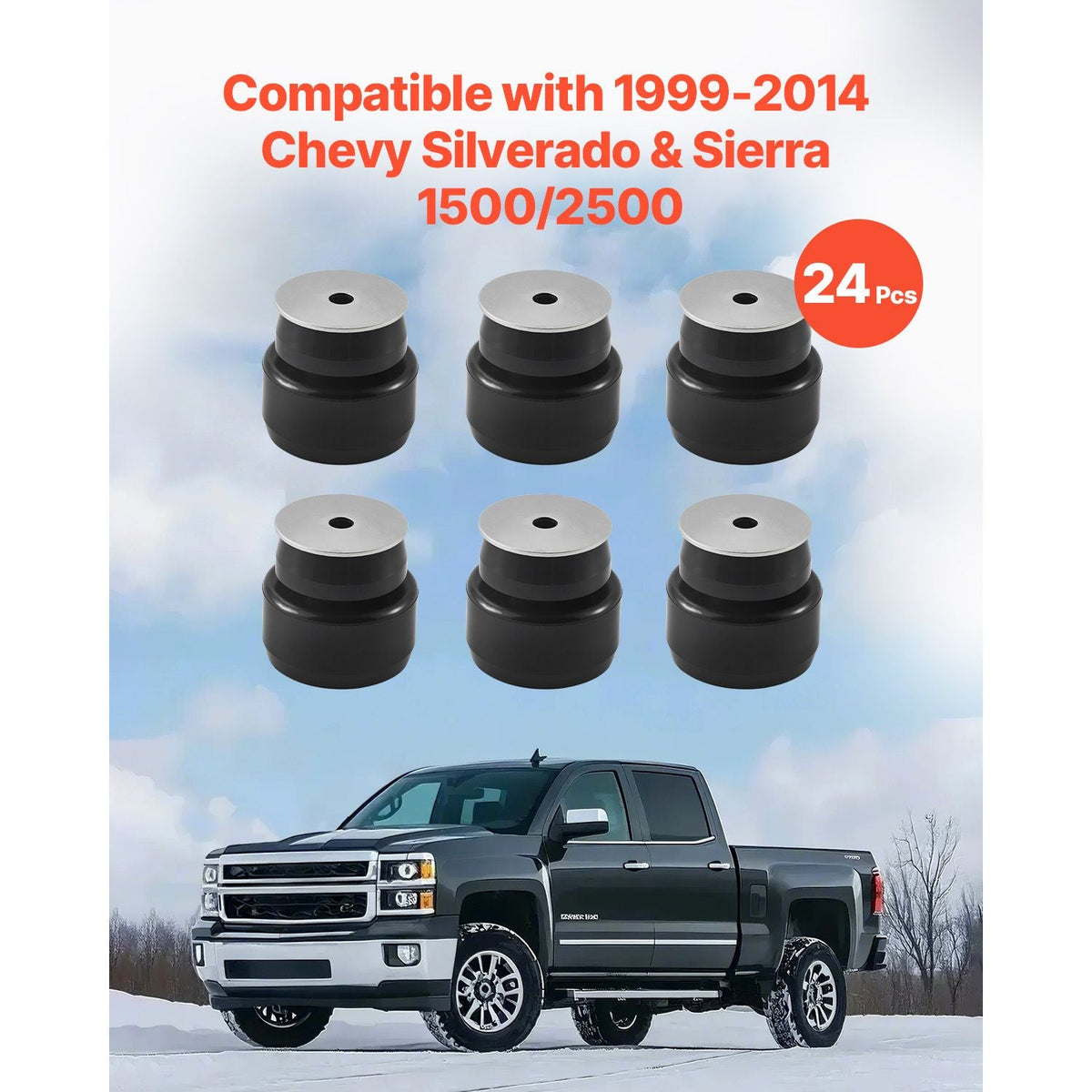 Body Mount Bushing Kit, Compatible with 1999-2014 Chevy Silverado & Sierra 1500/2500, 24 PCS Polyurethane Body Mount Kit, Durable Components for Improving Bumpy Driving Performance, Black