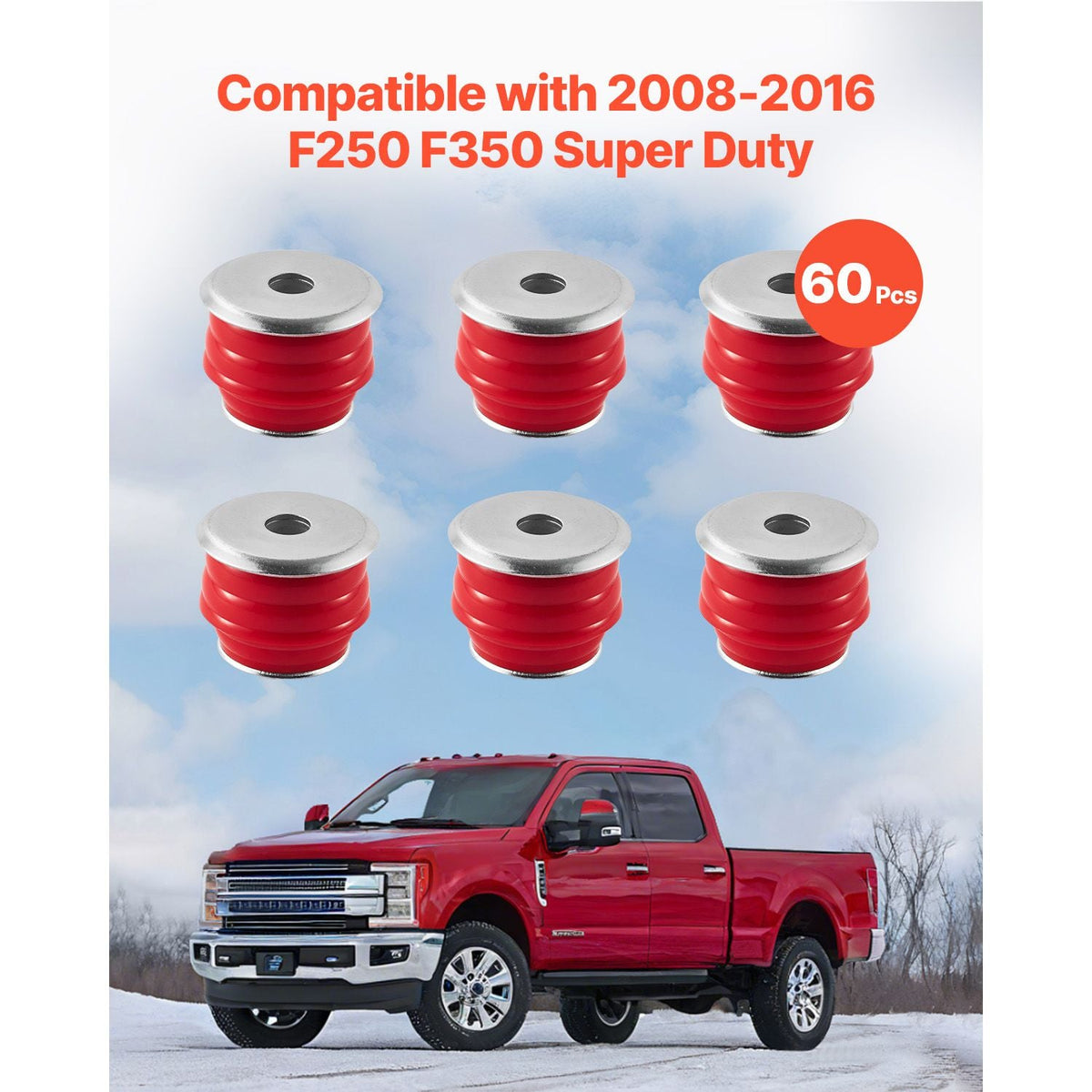 Body Mount Bushing Kit, Compatible with 2008-2016 F250 F350 Super Duty, 60 PCS Polyurethane Body Mount Kit, Quick Replacement, Durable Components for Improving Bumpy Driving Performance, Red