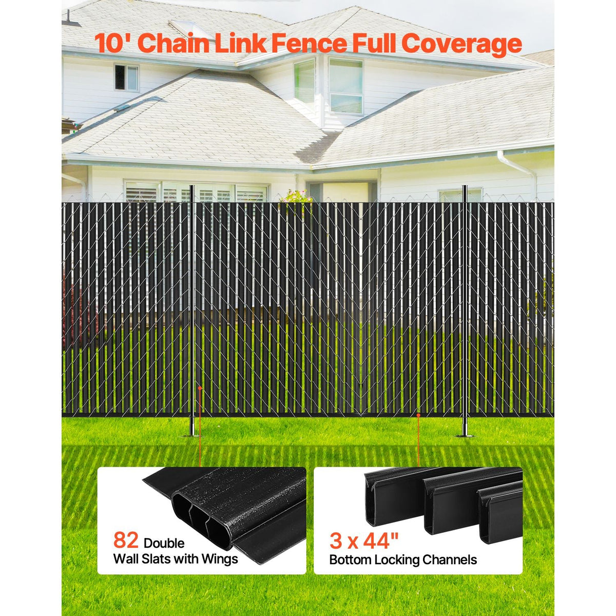 Bottom Locking Privacy Slats, Double-Wall Vertical Bottom-Locking Slats with Wings for Chain-Link Fence, High-Density HDPE Chain Link Slats Ideally Fit 8' High Fence for Garden and Farm(Black)