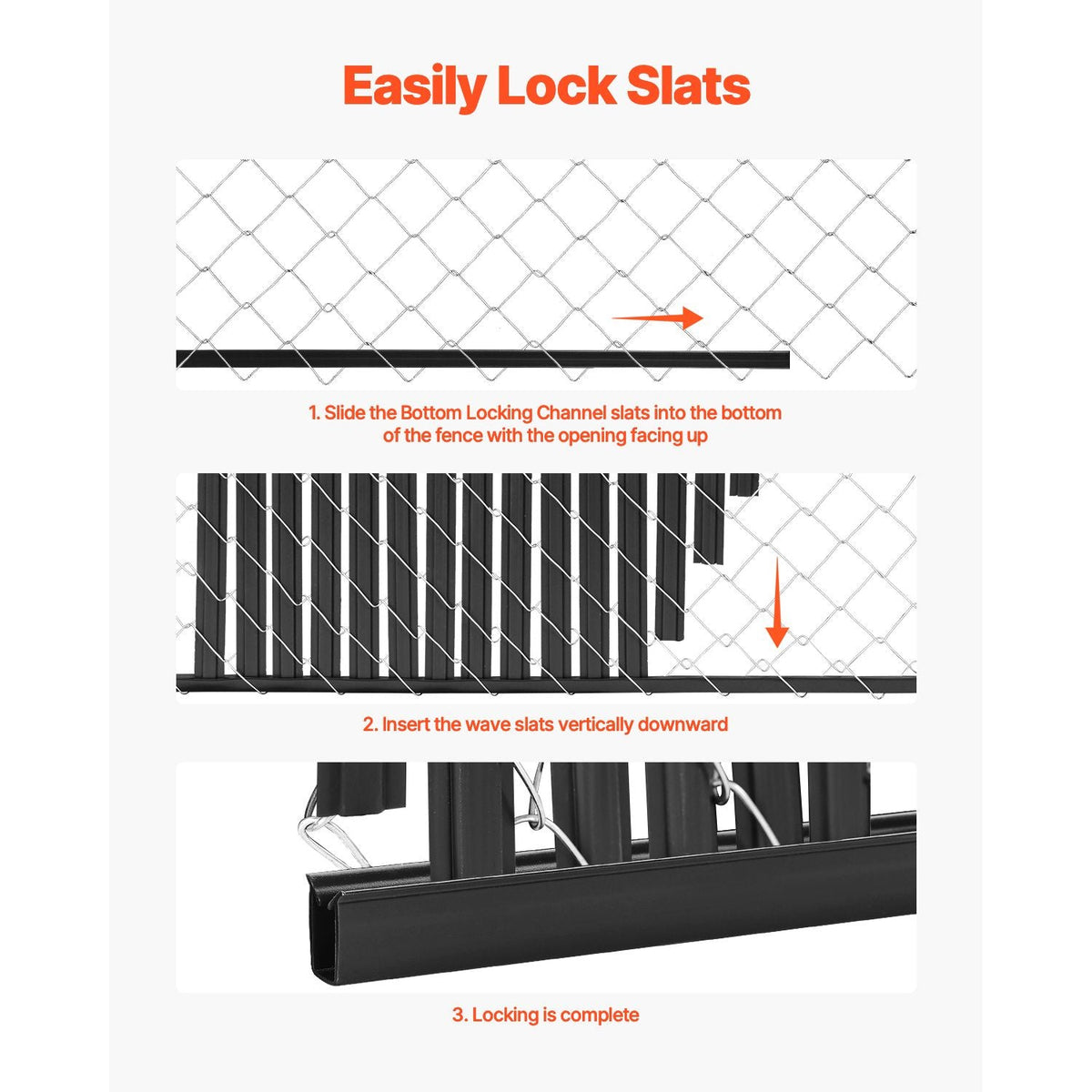 Bottom Locking Privacy Slats, Double-Wall Vertical Bottom-Locking Slats with Wings for Chain-Link Fence, High-Density HDPE Chain Link Slats Ideally Fit 8' High Fence for Garden and Farm(Black)
