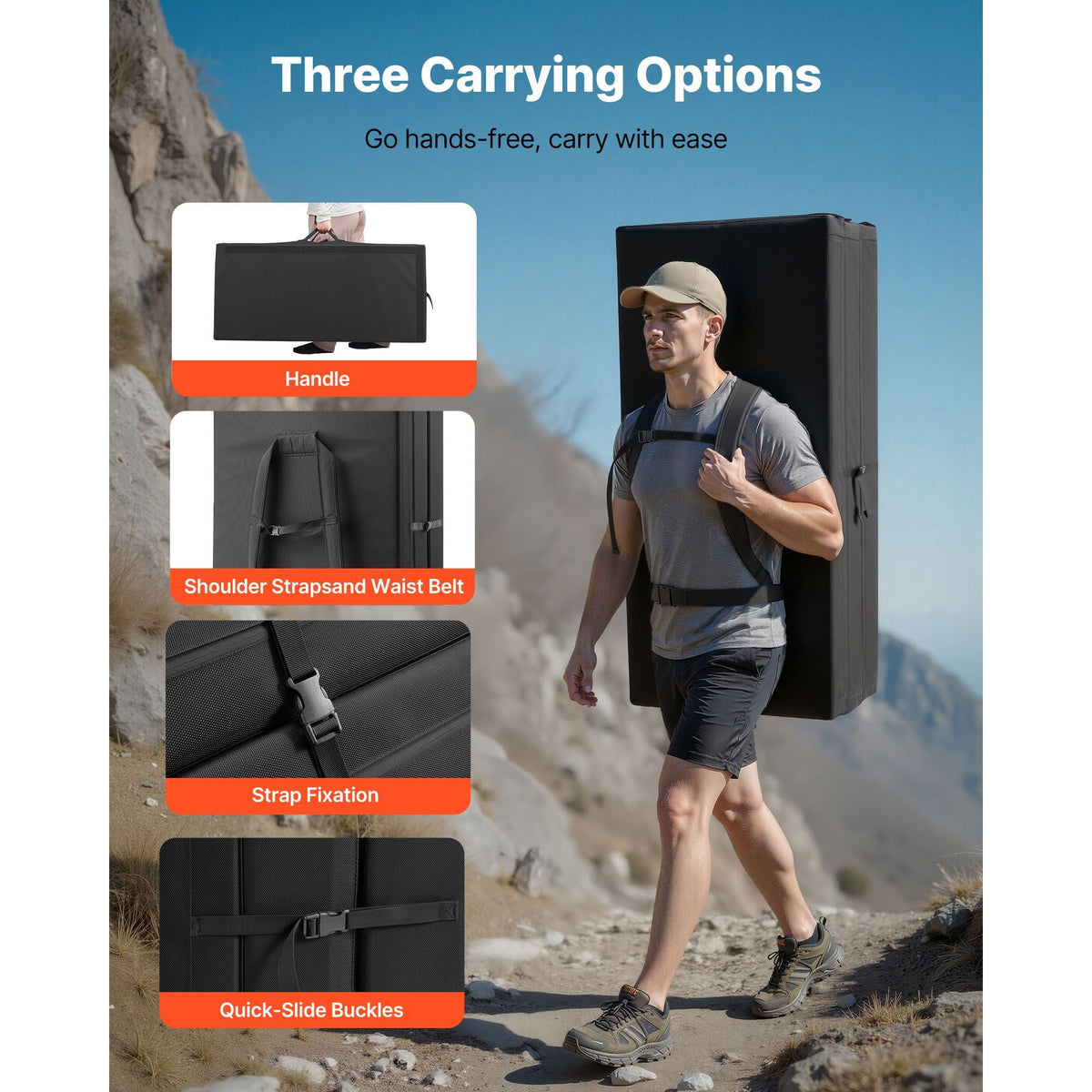 Bouldering Crash Pad, Tri-Fold Rock Climbing Crash Pad with Adjustable Backpack Straps and Handle, Foldable Lightweight for Indoor Bouldering & Outdoor Climbing, Folded Size 48" x 22.2" x 15"
