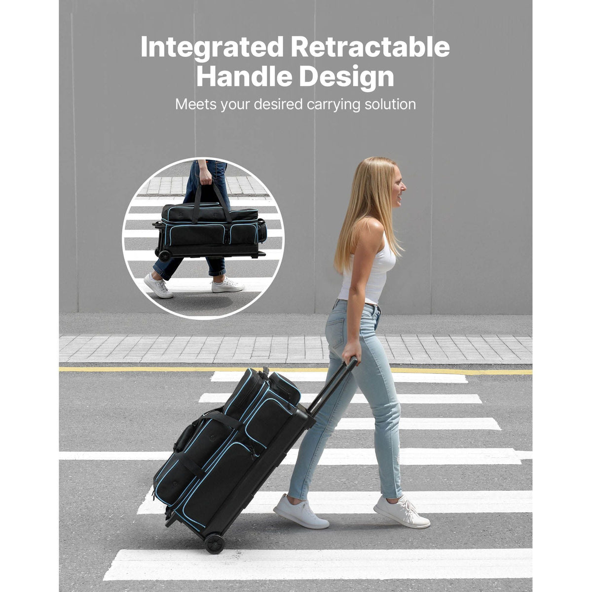 Bowling Ball Bag, 3 Ball Double Roller Bowling Bag with Wheels, Featuring a Separate Compartment for Shoes (Up To US Size 16) & Oversized Accessory Pocket, Retractable Handle Extends to 41.34 in