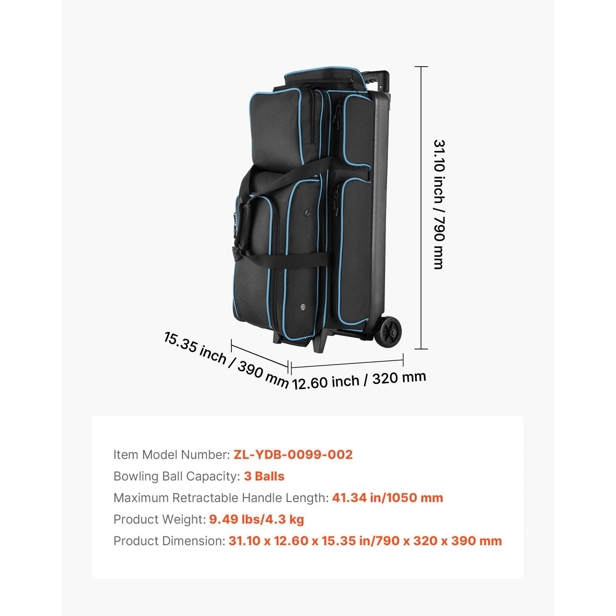 Bowling Ball Bag, 3 Ball Double Roller Bowling Bag with Wheels, Featuring a Separate Compartment for Shoes (Up To US Size 16) & Oversized Accessory Pocket, Retractable Handle Extends to 41.34 in