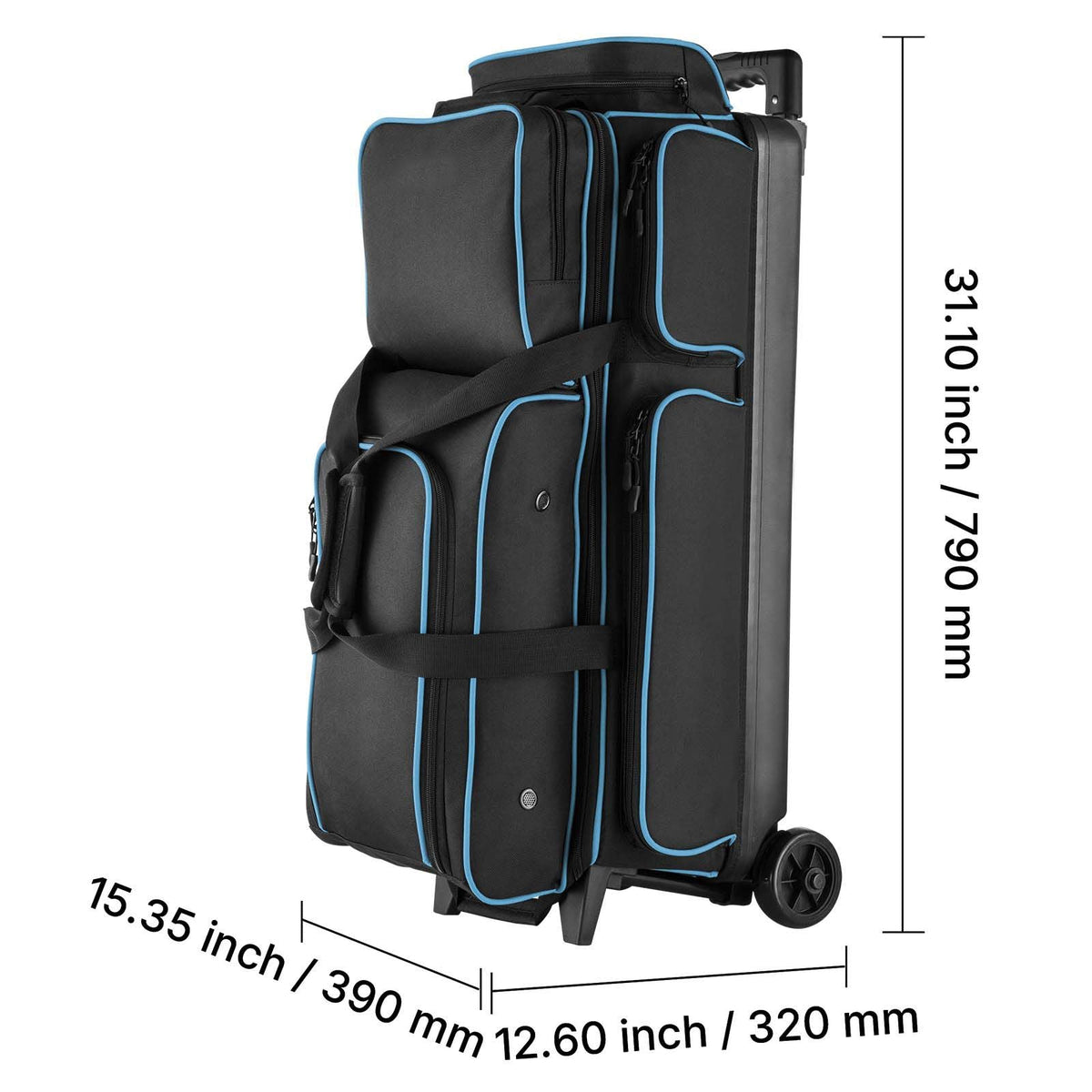 Bowling Ball Bag, 3 Ball Double Roller Bowling Bag with Wheels, Featuring a Separate Compartment for Shoes (Up To US Size 16) & Oversized Accessory Pocket, Retractable Handle Extends to 41.34 in