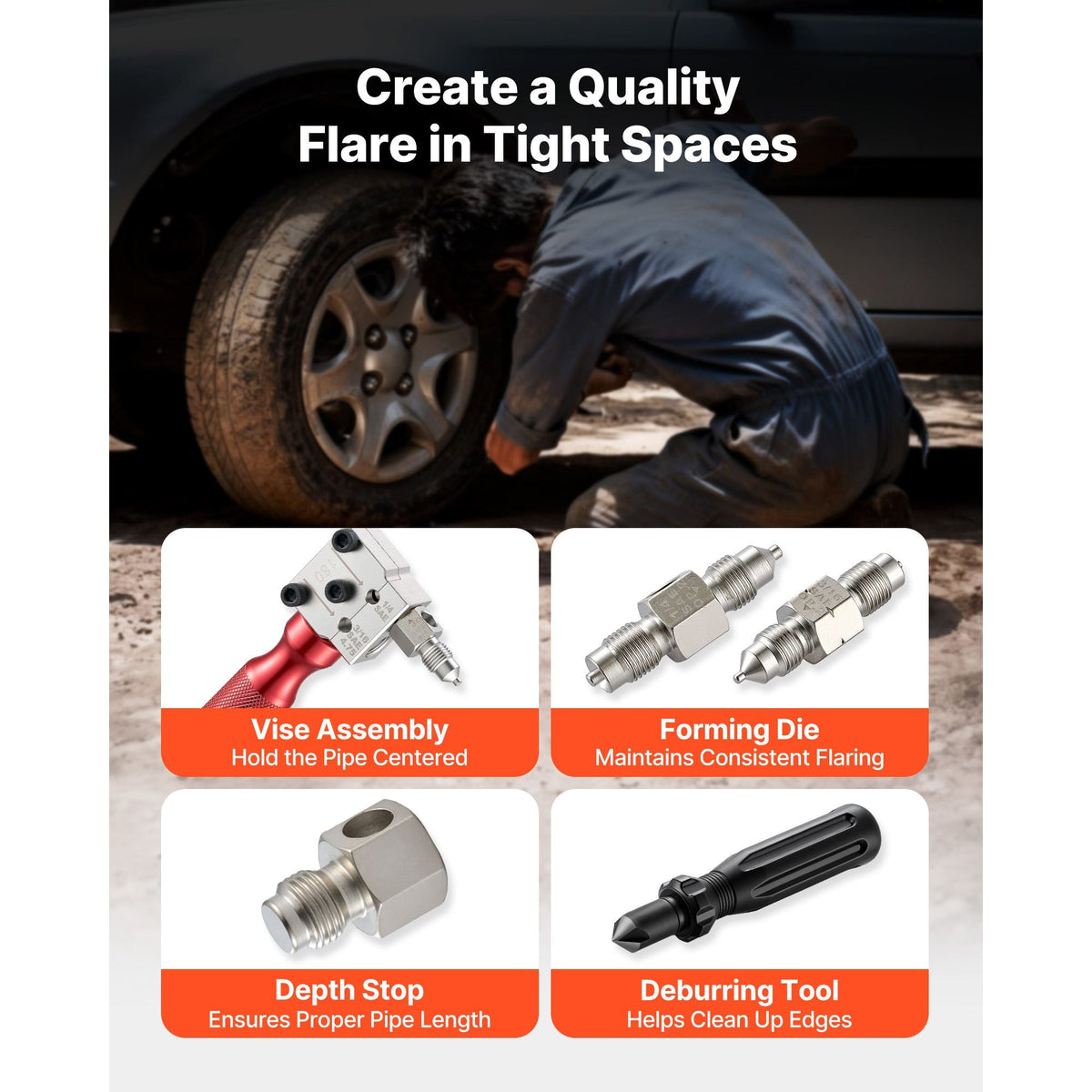Brake Line Flaring Tool Kit, 45° Single & Double Flare Tool for 3/16", 1/4" Copper Tubing - with 2 Forming Dies, Deburring Tool & Toolbox for Automotive Brake Hydraulic Line Repair