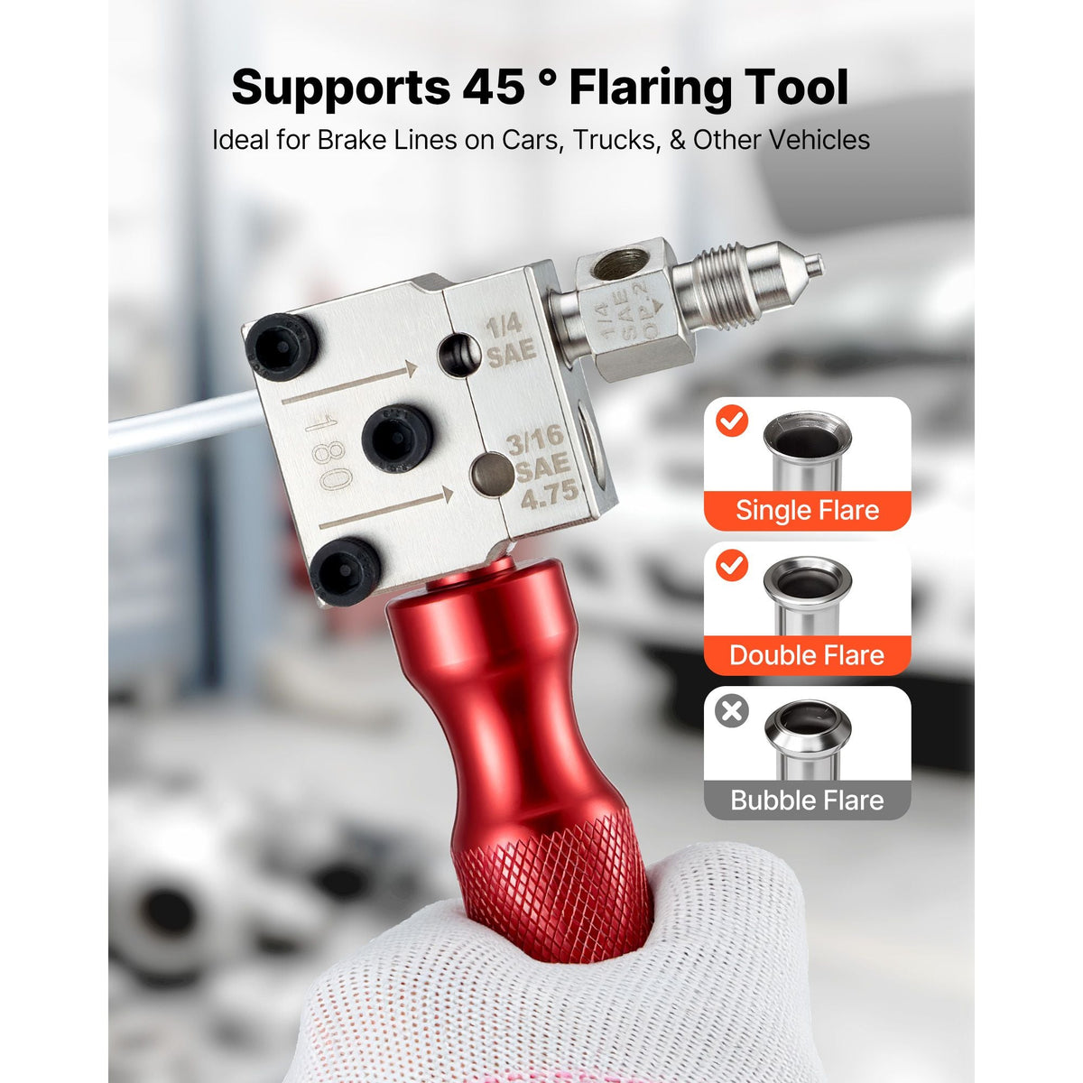 Brake Line Flaring Tool Kit, 45° Single & Double Flare Tool for 3/16", 1/4" Copper Tubing - with 2 Forming Dies, Deburring Tool & Toolbox for Automotive Brake Hydraulic Line Repair
