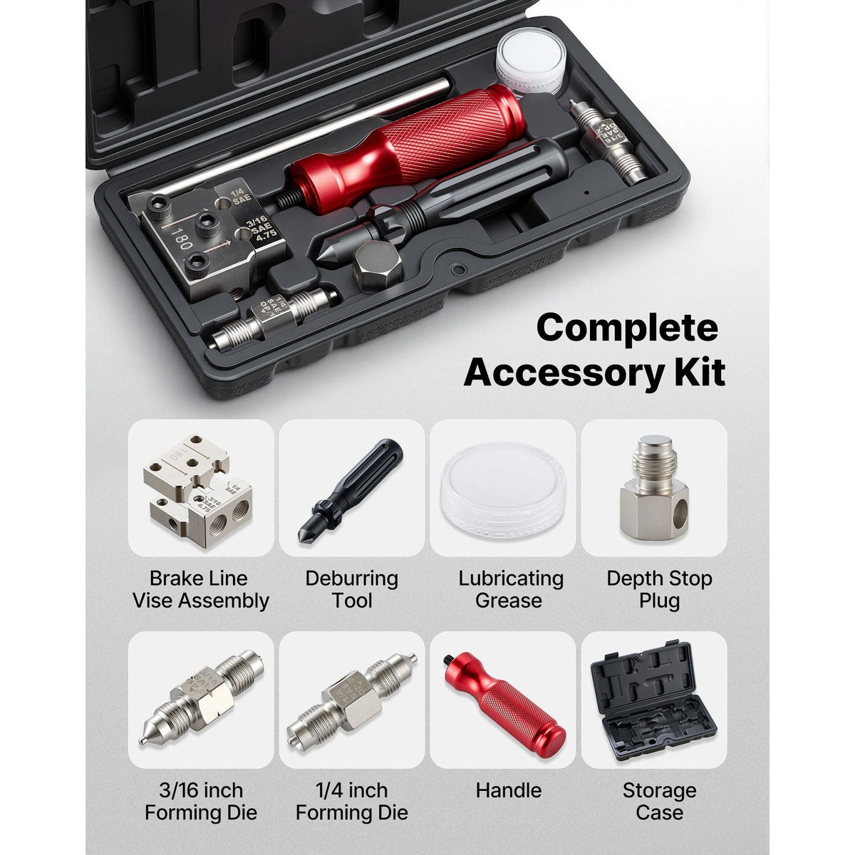 Brake Line Flaring Tool Kit, 45° Single & Double Flare Tool for 3/16", 1/4" Copper Tubing - with 2 Forming Dies, Deburring Tool & Toolbox for Automotive Brake Hydraulic Line Repair
