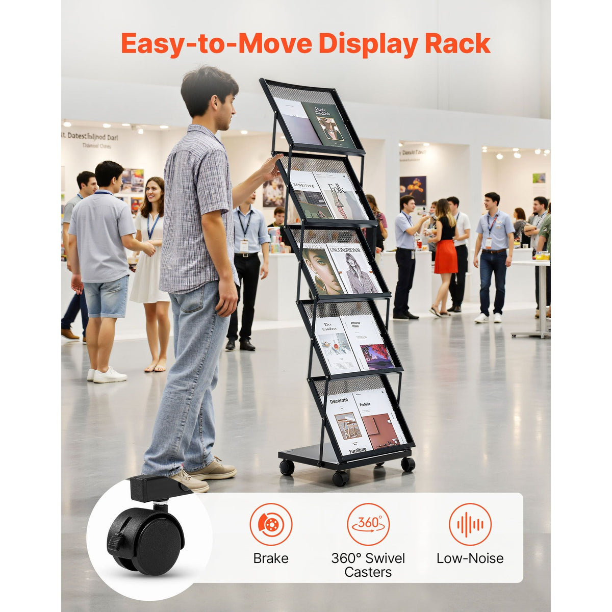 Brochure Display Rack, Foldable 5 Pockets Magazine Literature Display Stand, Movable Floor Standing Magazine Rack with Wheels, Metal Newspaper Catalog Holders for Shop Exhibitions Office Show