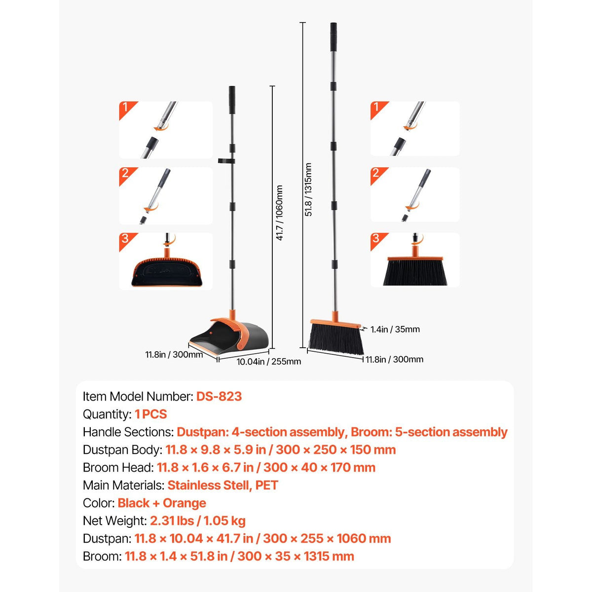 Broom and Dustpan Set, Heavy Duty Dustpan and Broom Combo with Self-Cleaning Teeth, Metal Upright Standing Dust Pan with Long Handle, Ideal for Home, Restaurant, Office, Dorm, Black+Orange
