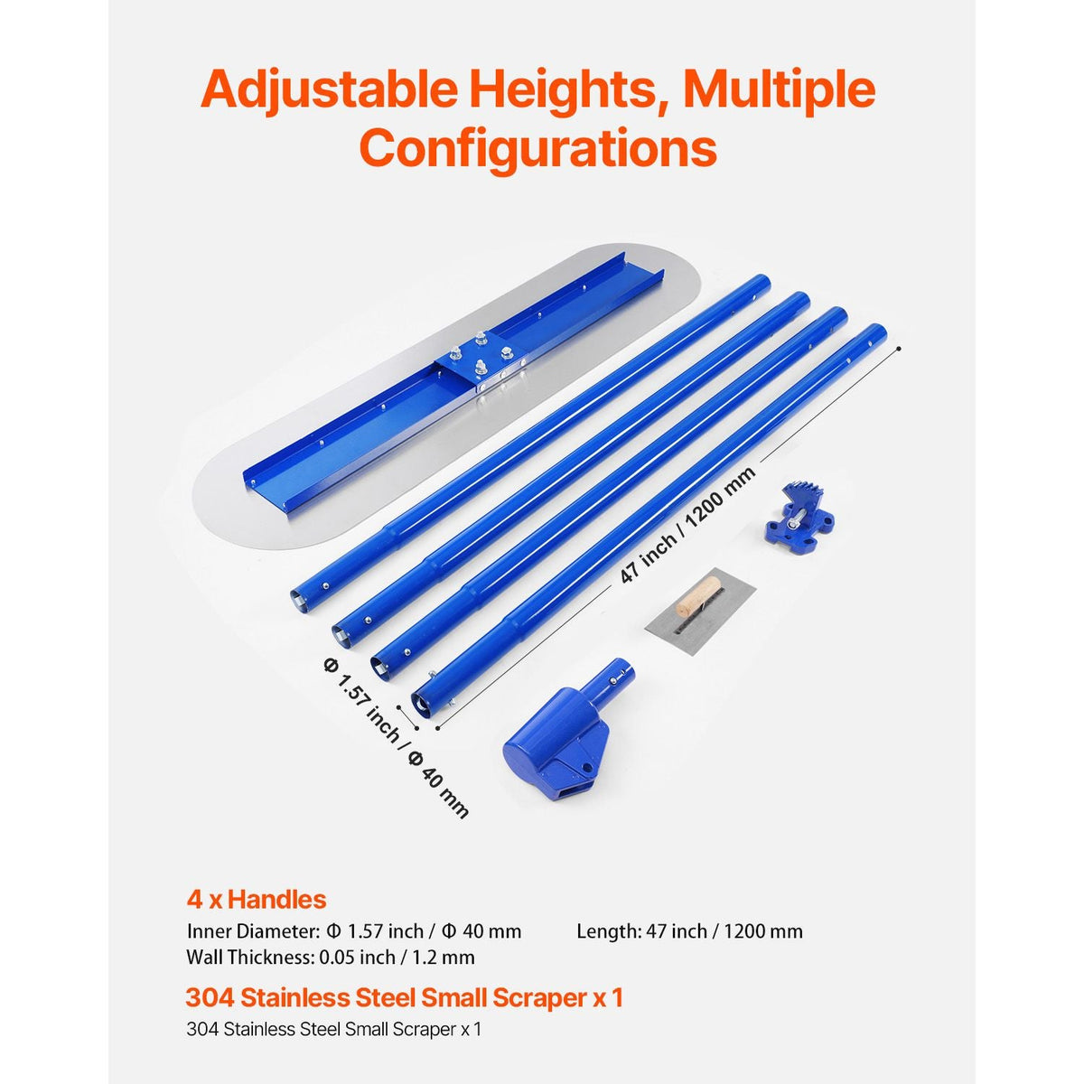 Bull Float Magnesium Concrete Float, 47.24 x 7.28 Inch Round End Concrete Float Tool with 4 Aluminum Alloy Replaceable Handles, Cement Finishing Float for Various Industrial Applications