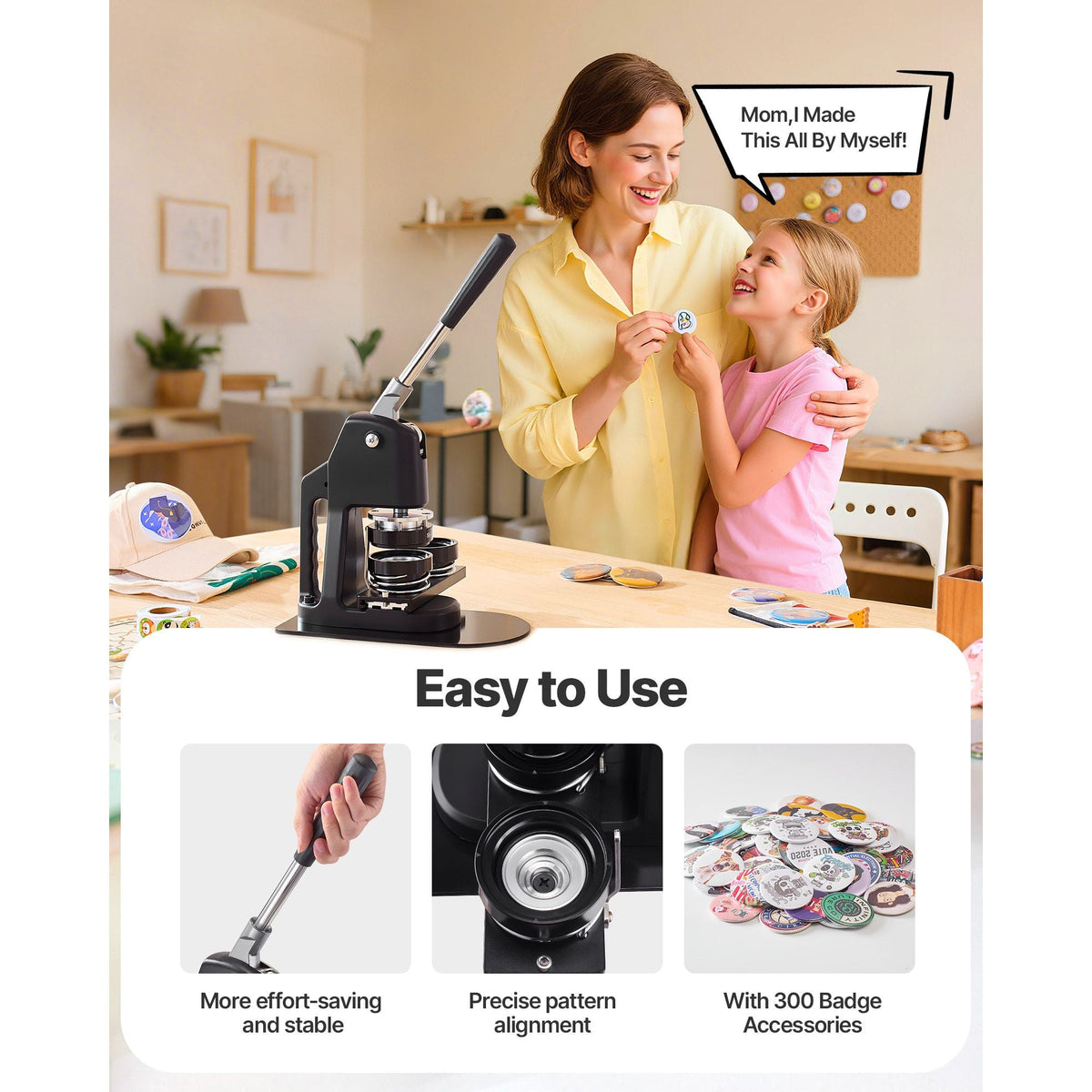 Button Maker Machine, 1.26/2.28/2.95 inch 3-in-1, Plastic Pin Maker with 300pcs Button Parts, Circle Cutter and Magic Book, Reinforced Ergonomic Handle, for DIY Badges, Personalized Pins, Black