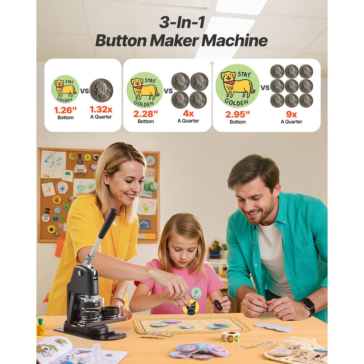 Button Maker Machine, 1.26/2.28/2.95 inch 3-in-1, Plastic Pin Maker with 300pcs Button Parts, Circle Cutter and Magic Book, Reinforced Ergonomic Handle, for DIY Badges, Personalized Pins, Black