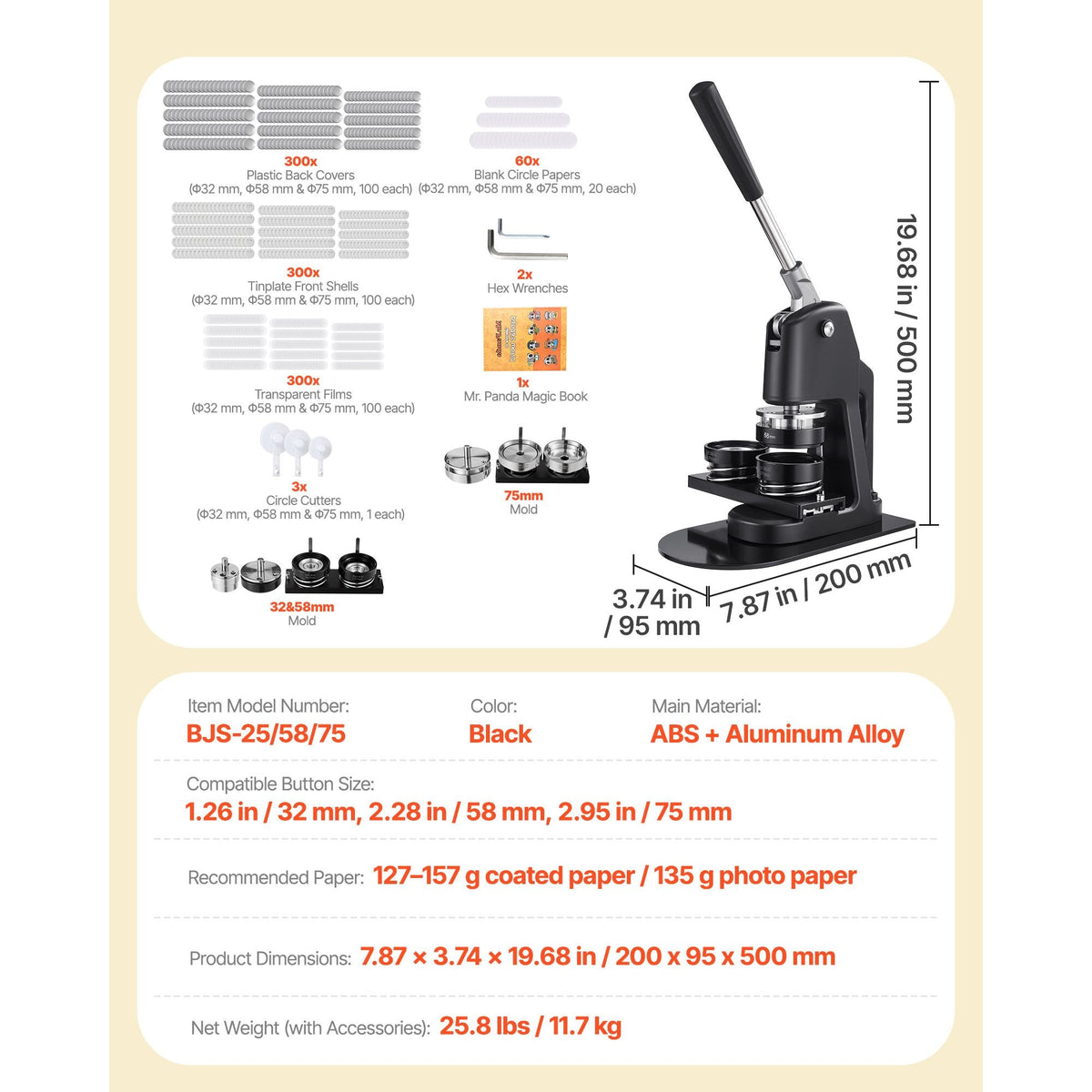 Button Maker Machine, 1.26/2.28/2.95 inch 3-in-1, Plastic Pin Maker with 300pcs Button Parts, Circle Cutter and Magic Book, Reinforced Ergonomic Handle, for DIY Badges, Personalized Pins, Black